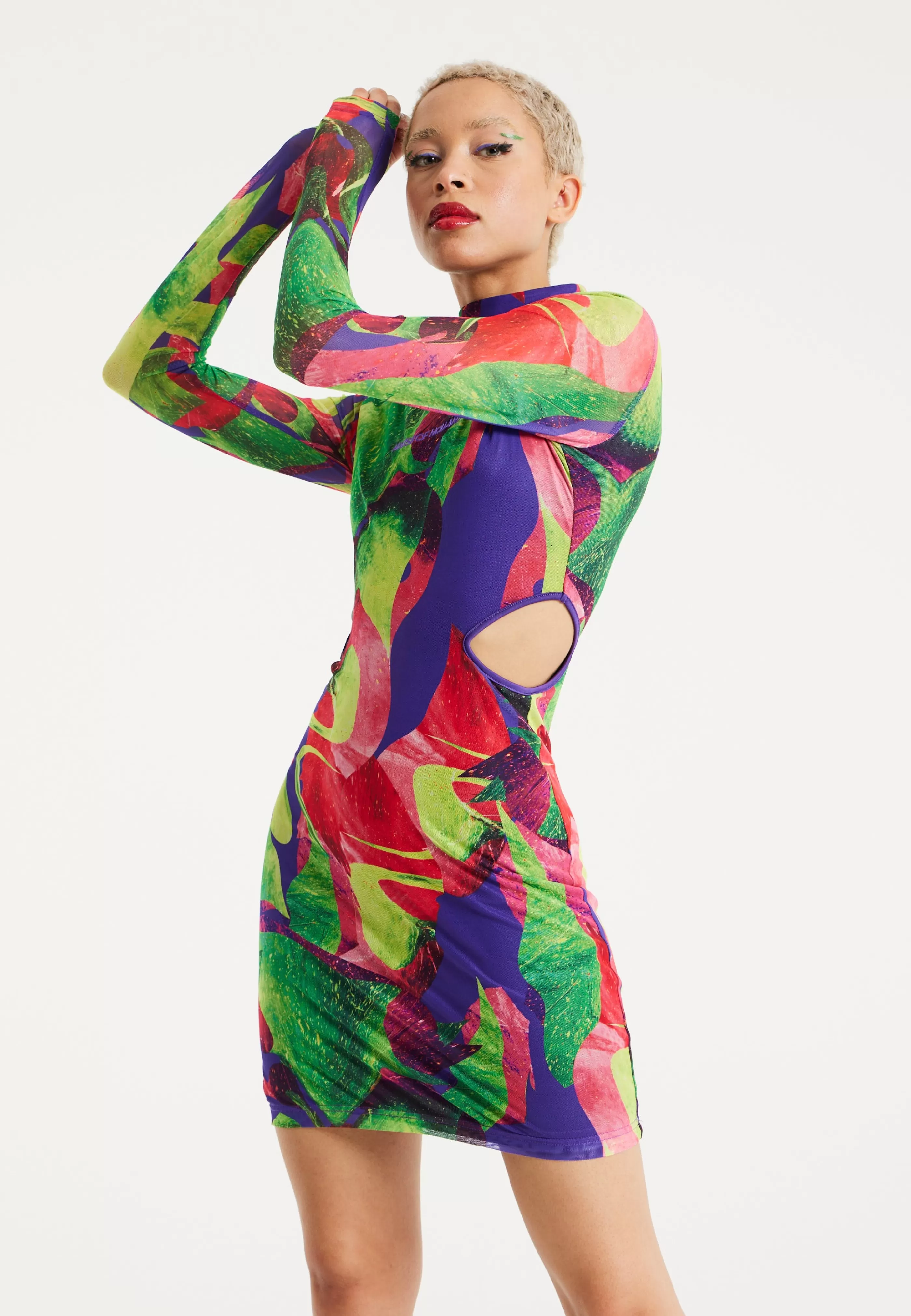 Shop Abstract Multicolour Print Mini Dress With Cut Out De Dresses | Dresses