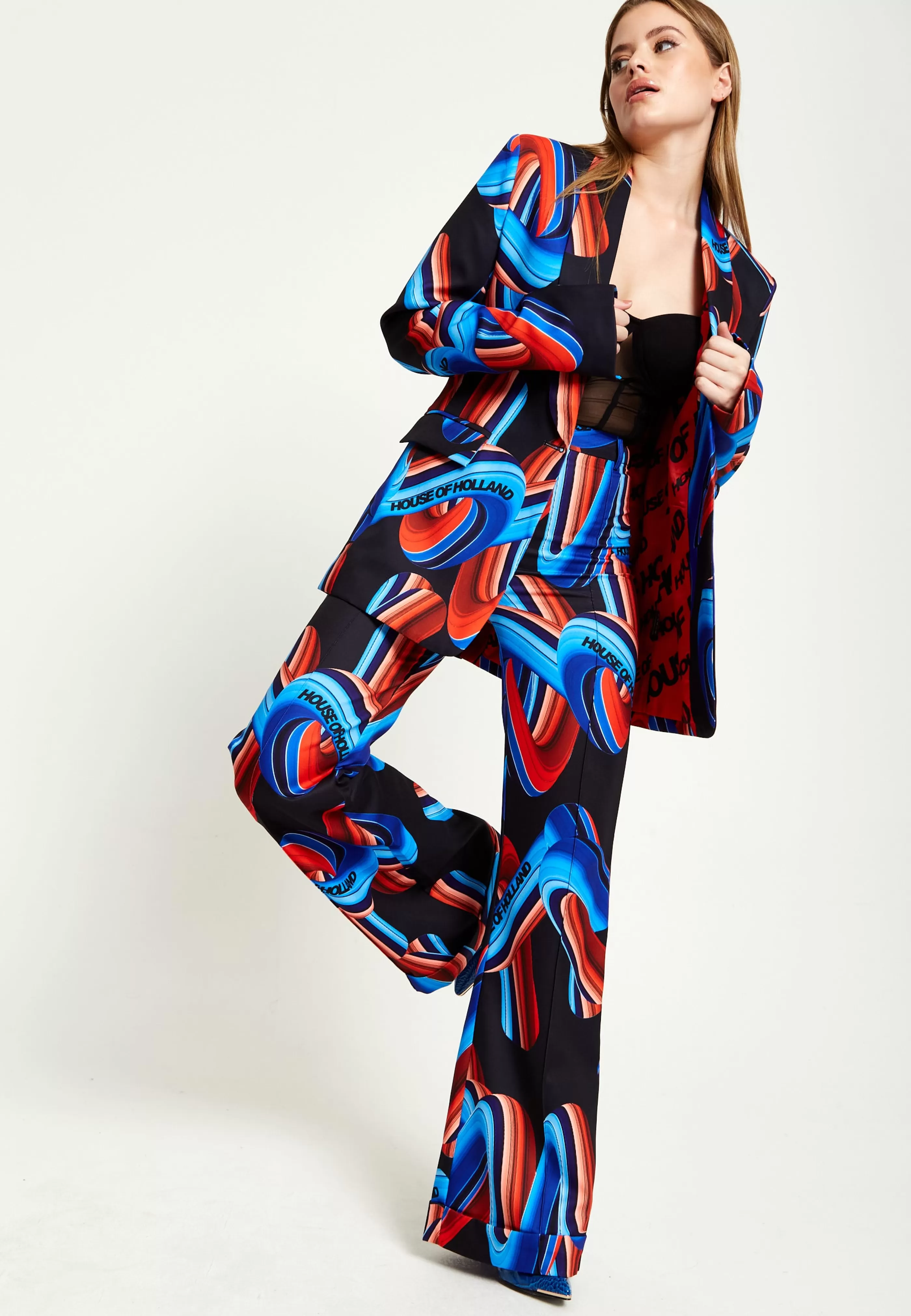 Cheap Abstract Print Blazer In Black, Red And Blue Suits