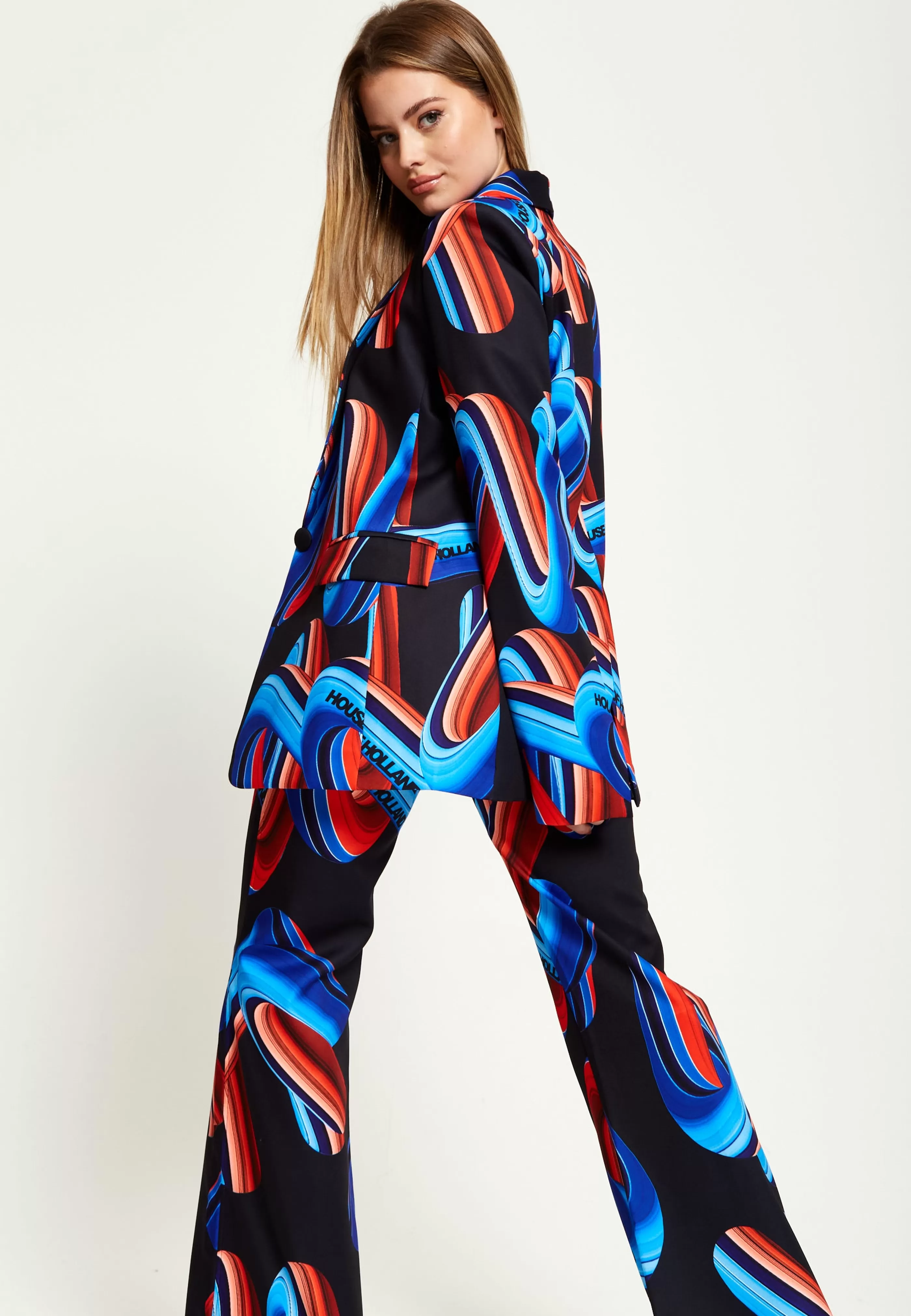 Cheap Abstract Print Blazer In Black, Red And Blue Suits