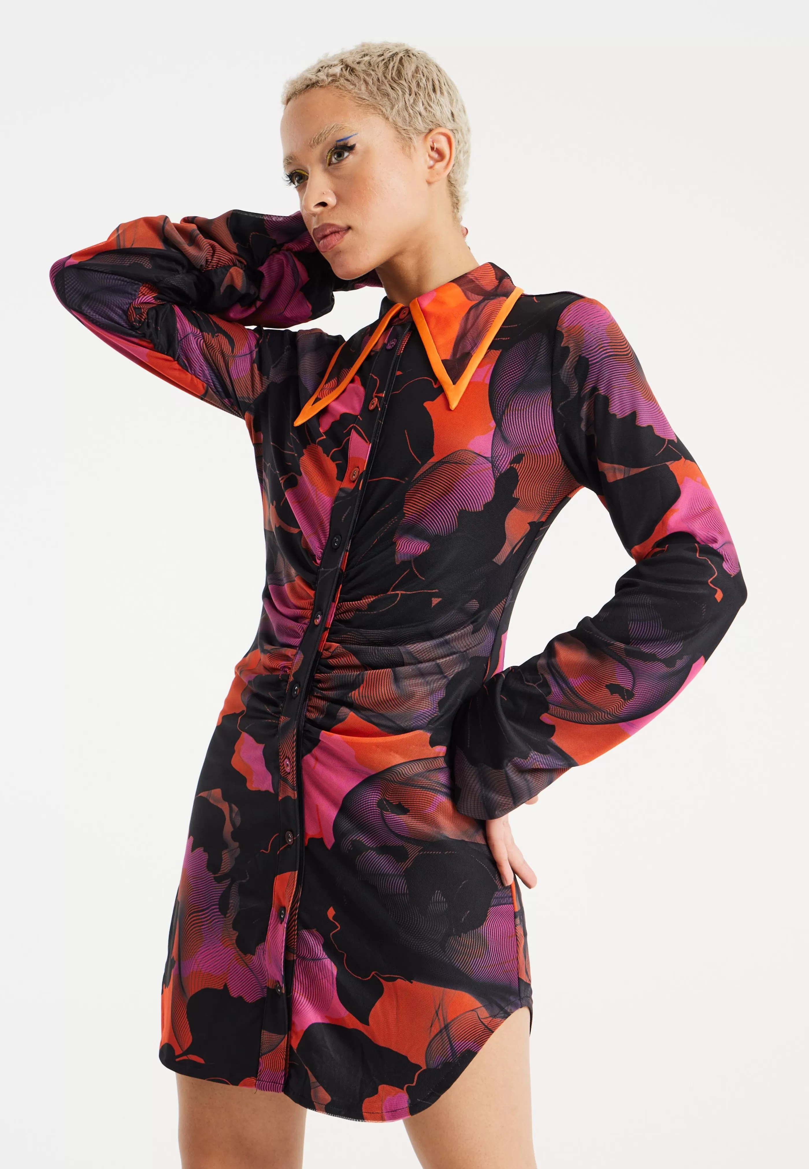 New Abstract Wire Print Mesh Mini Shirt Dress With Button Dresses | Dresses