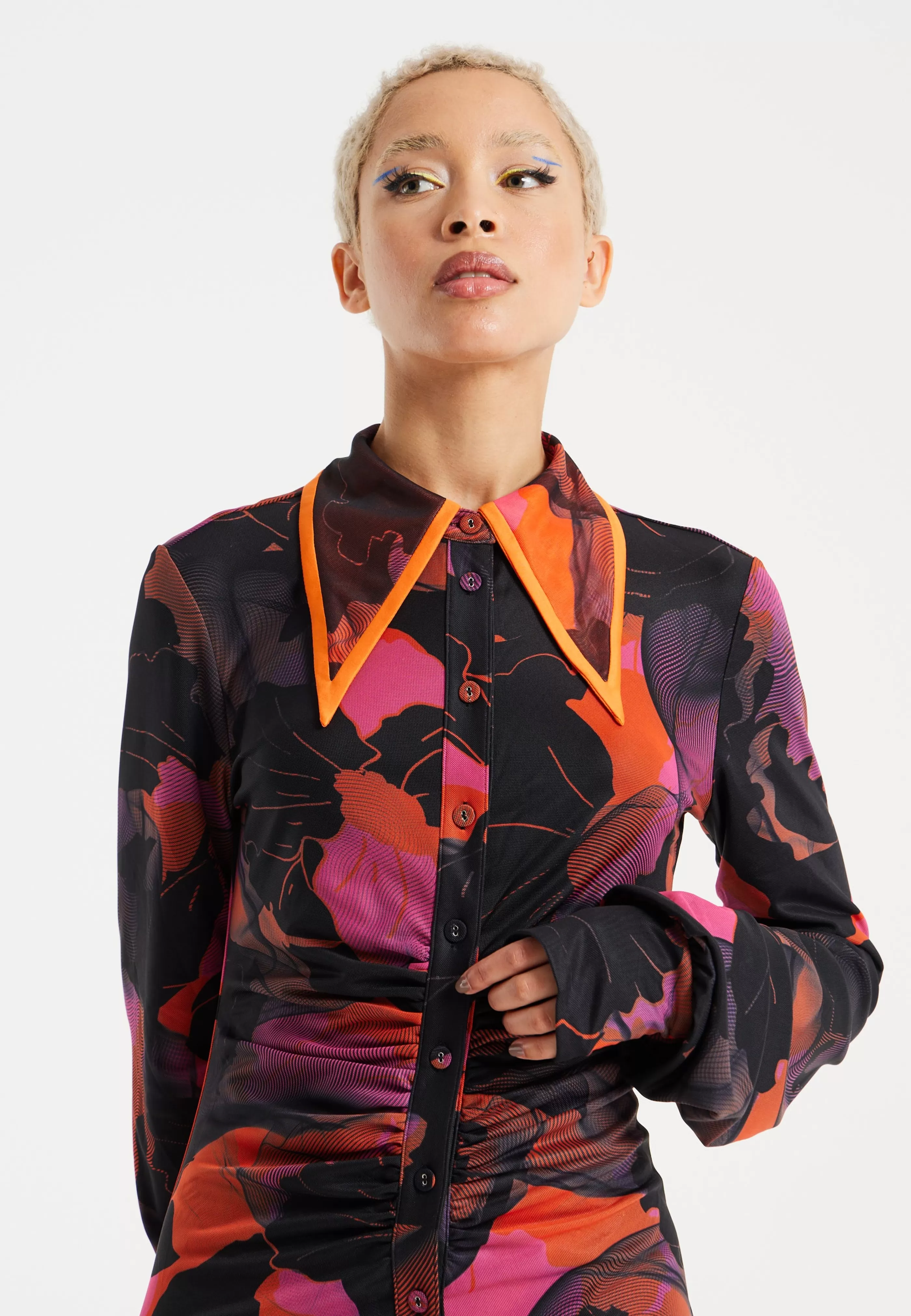 New Abstract Wire Print Mesh Mini Shirt Dress With Button Dresses | Dresses