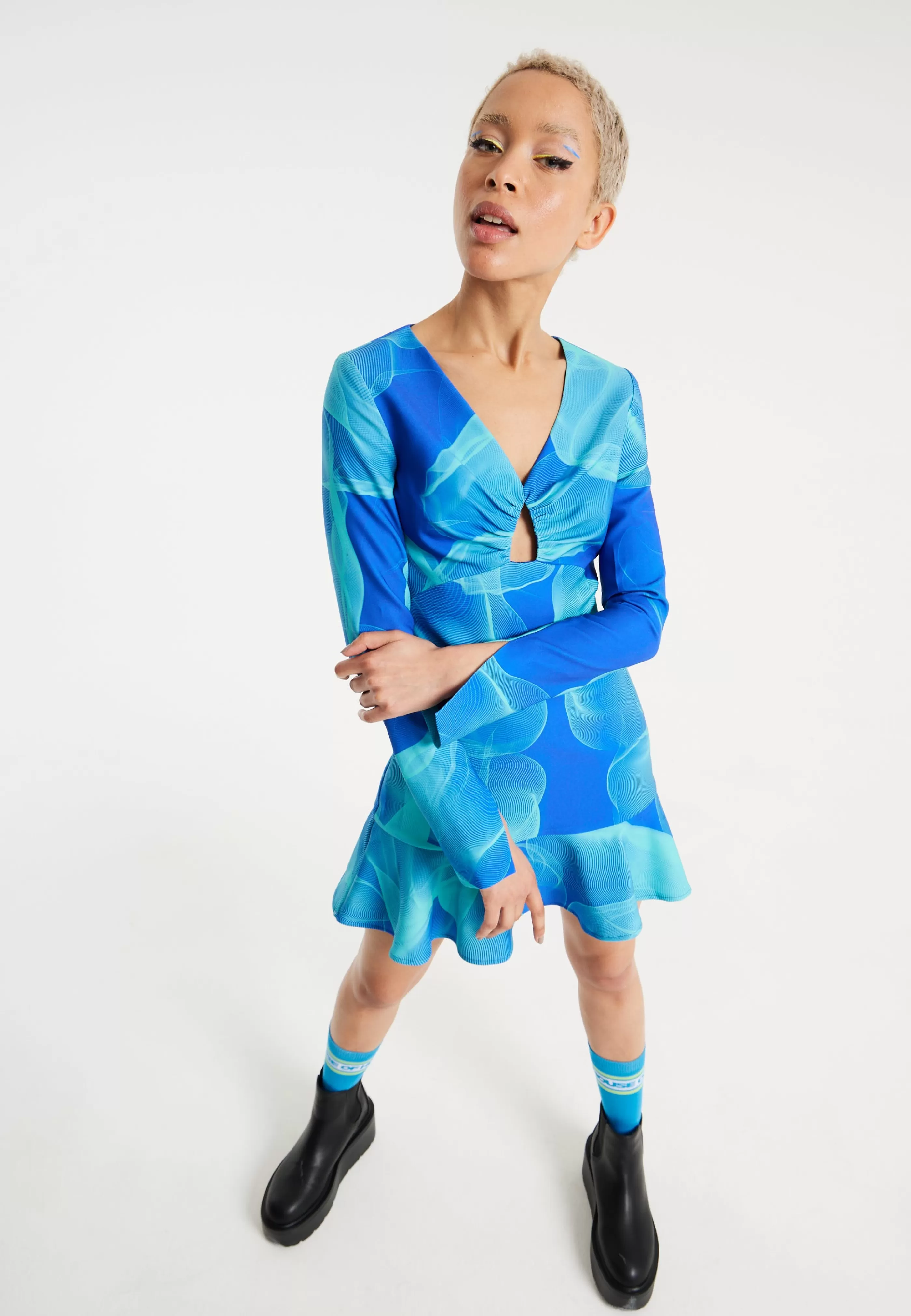 Best Aqua Mesh Abstract Wire Print Long Sleeve Dress With Dresses | Dresses