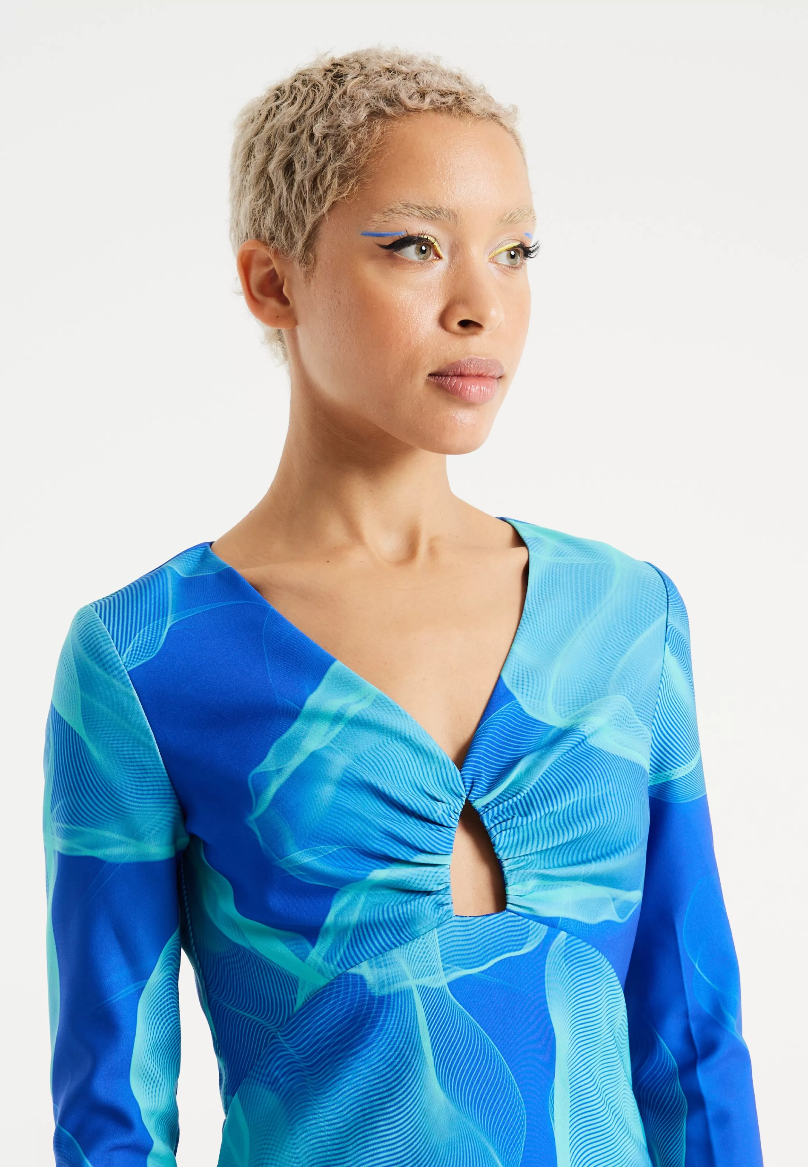 Best Aqua Mesh Abstract Wire Print Long Sleeve Dress With Dresses | Dresses