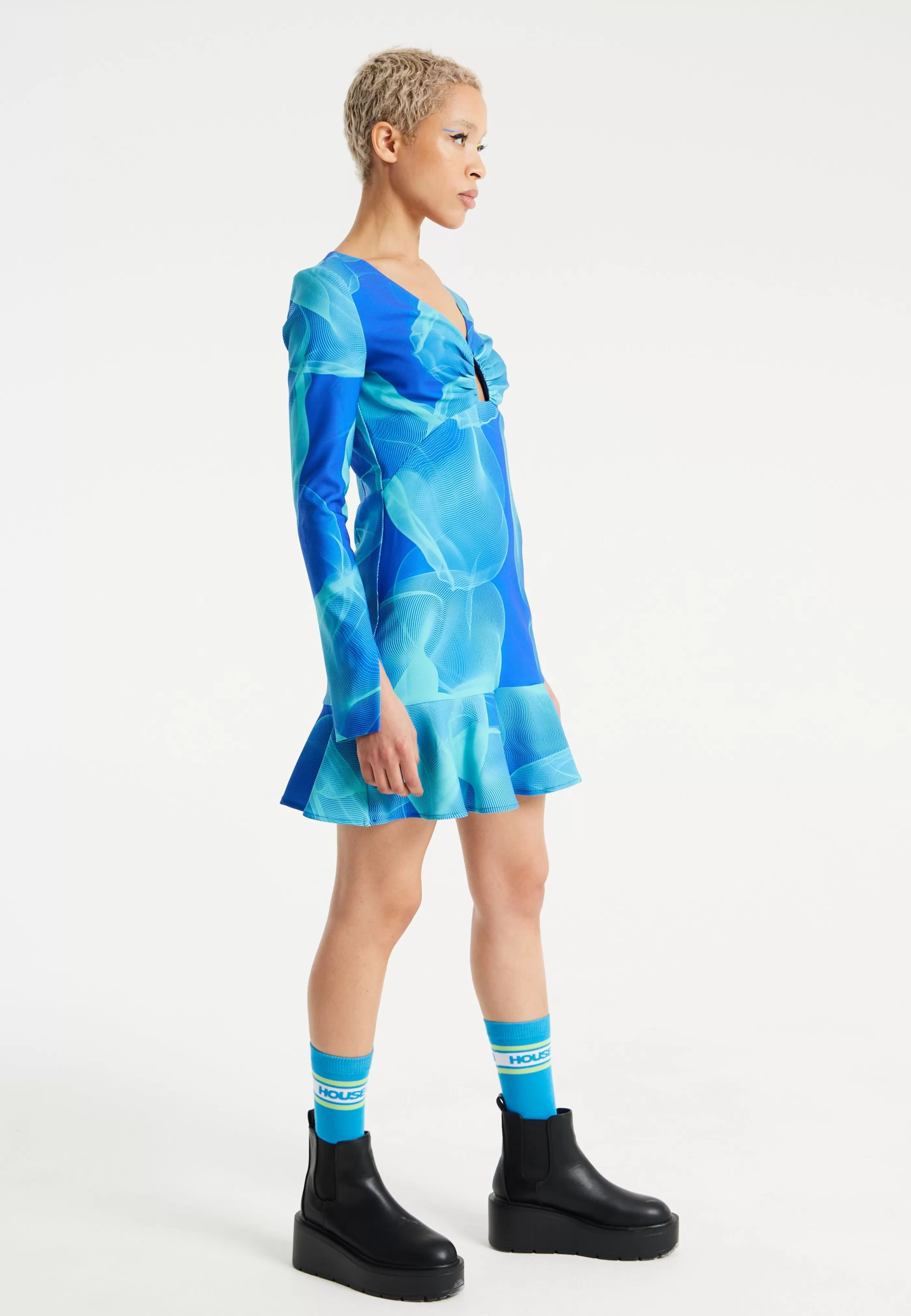 Best Aqua Mesh Abstract Wire Print Long Sleeve Dress With Dresses | Dresses