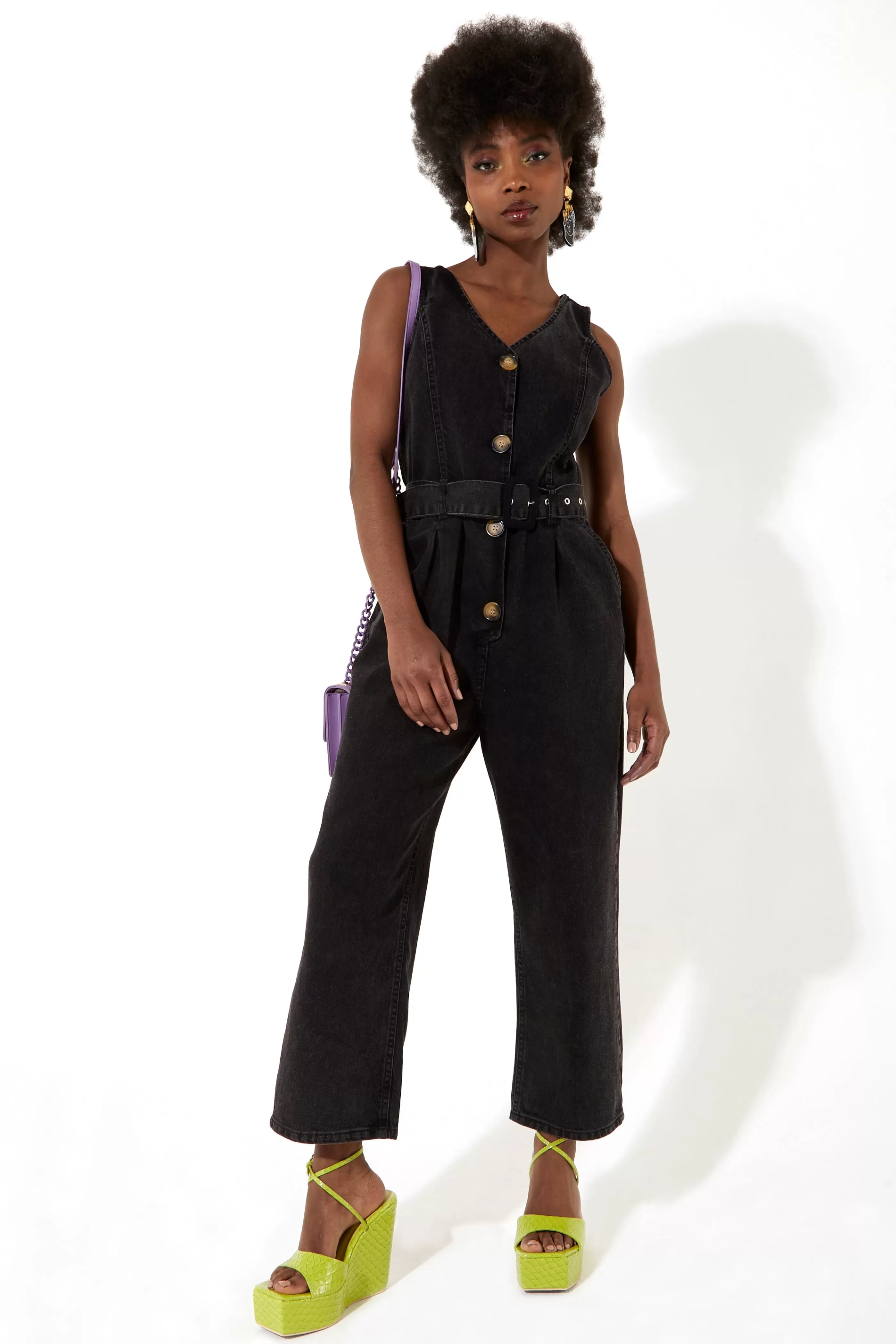 Online 90’s Look Denim Jumpsuit With A Belt And Tortoi Denim