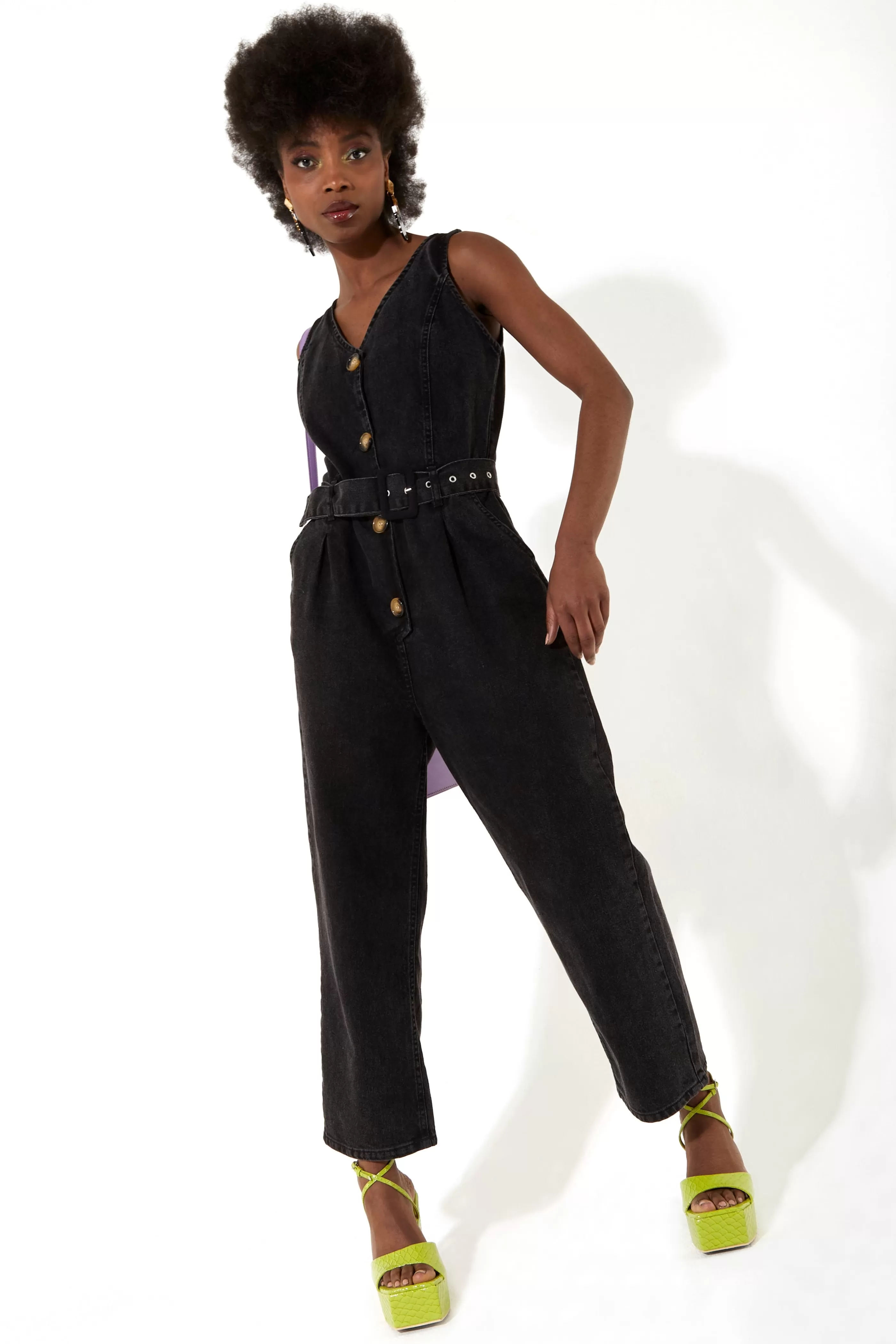 Online 90’s Look Denim Jumpsuit With A Belt And Tortoi Denim