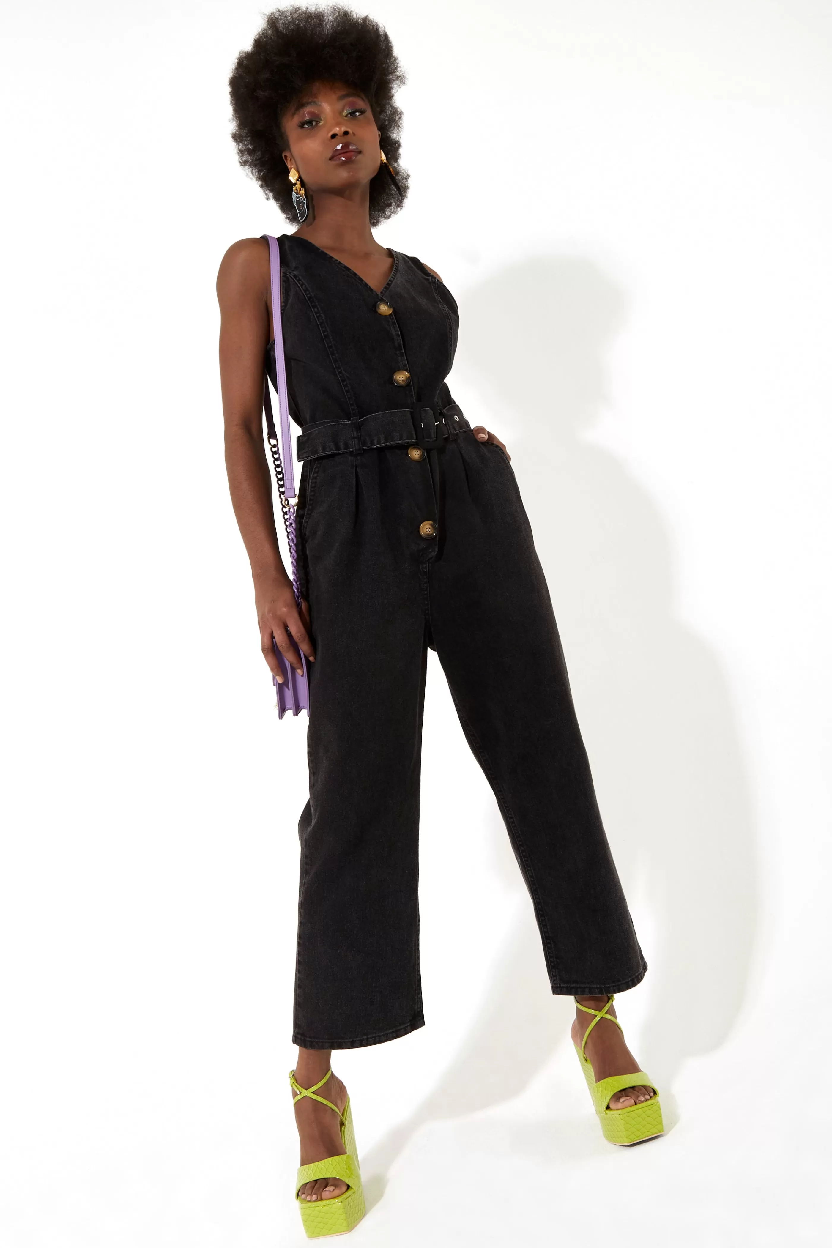 Online 90’s Look Denim Jumpsuit With A Belt And Tortoi Denim