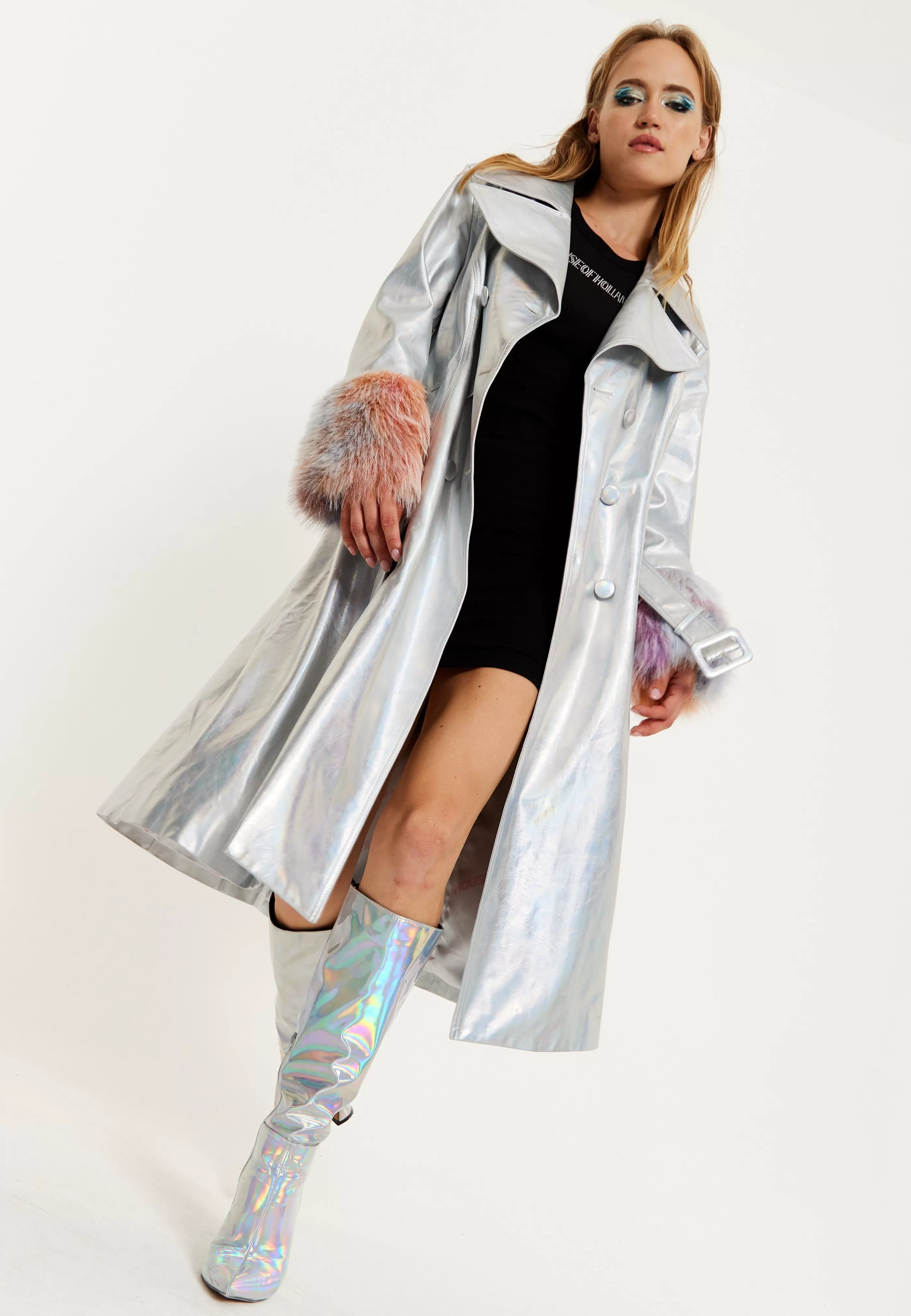 Cheap Fur Cuff Iridescent Trench Coat Outerwear