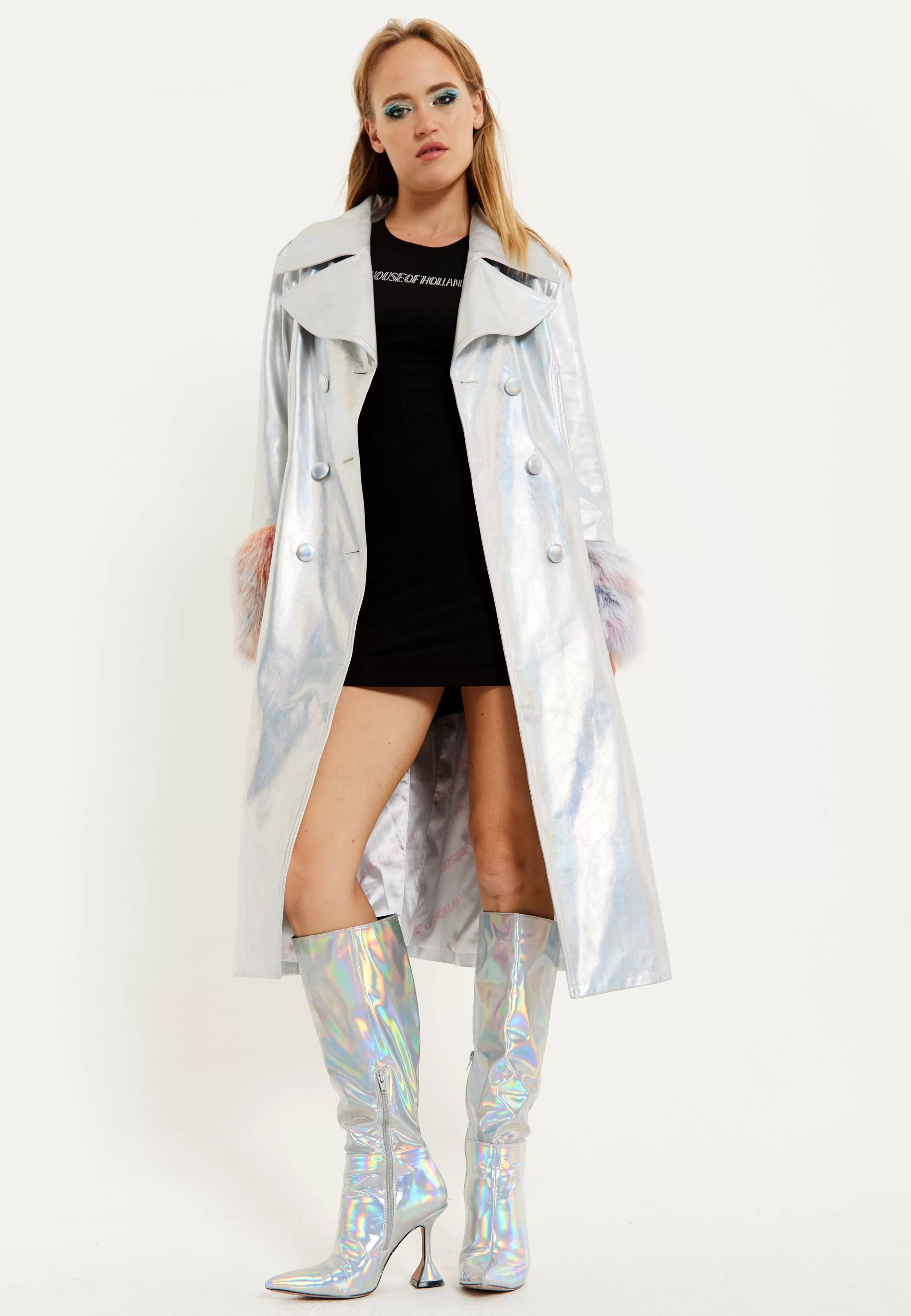 Cheap Fur Cuff Iridescent Trench Coat Outerwear