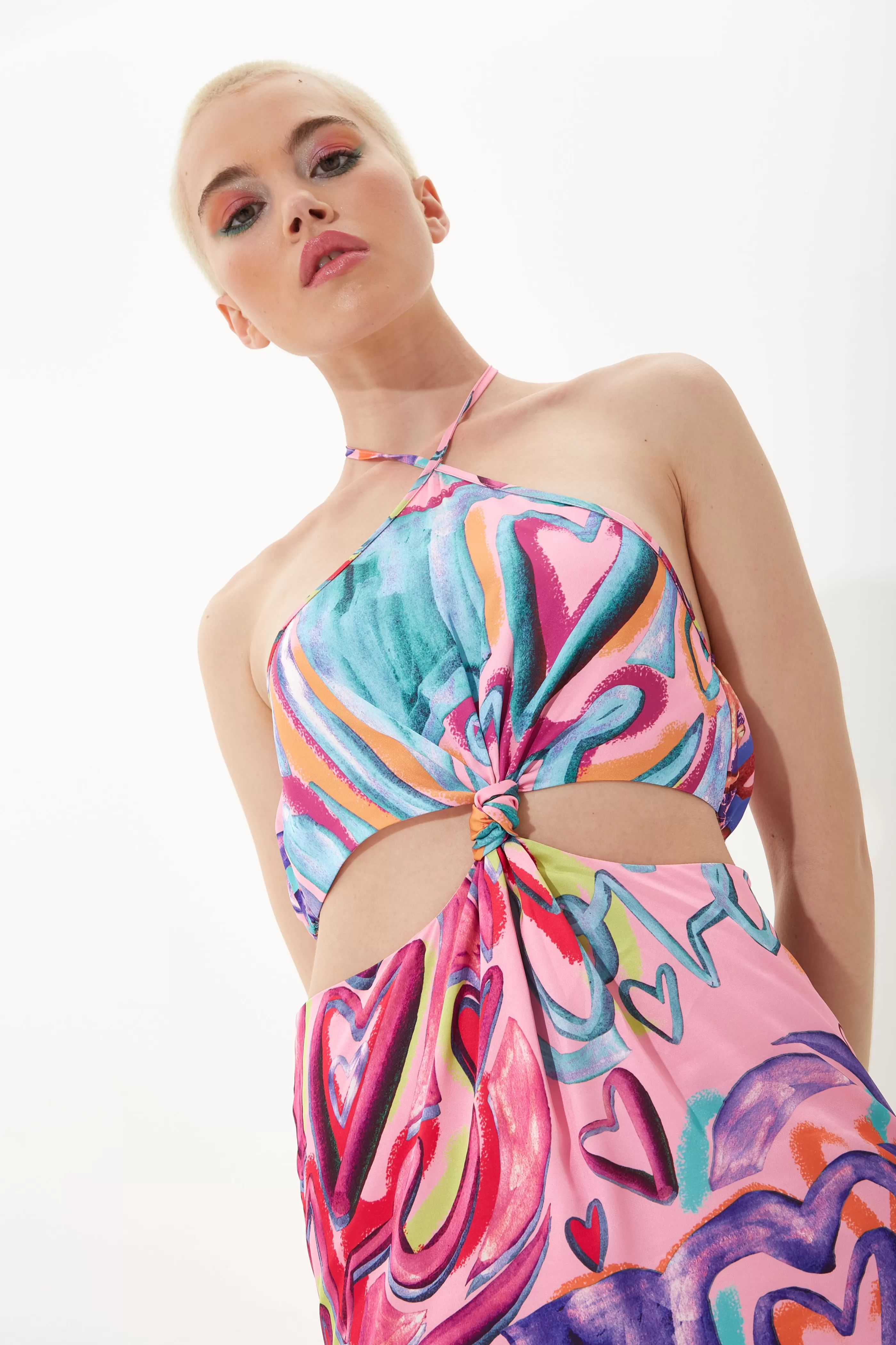 Online Heart Print Midi Dress With A Waist And Back Knotted Dresses | Dresses