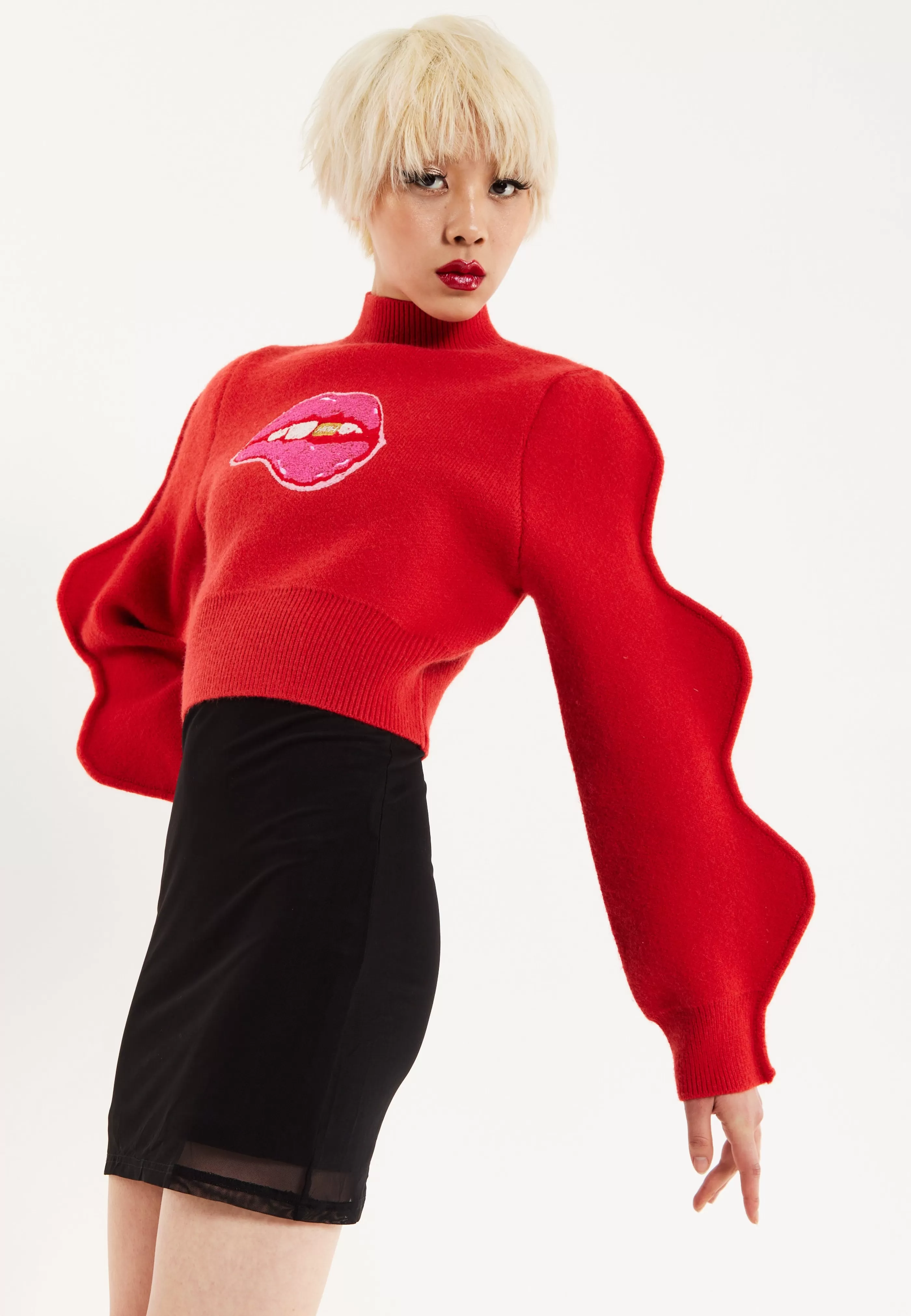 Store Lip Embroidery Wave Sleeve Jumper In Jumpers & Hoodies