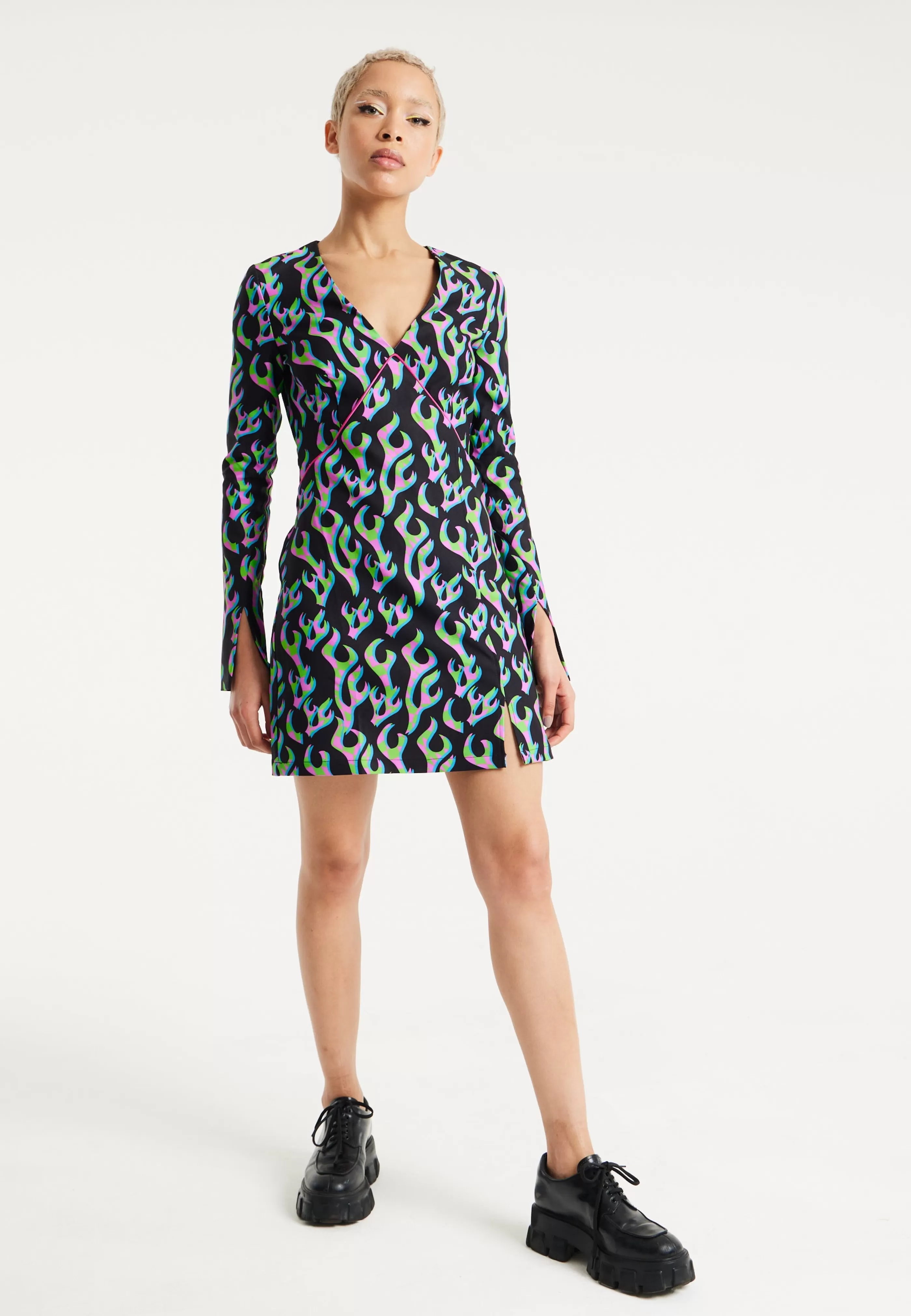 Flash Sale Neon Green And Pink Flame Print Long Sleeve Mini Dres Dresses | Dresses