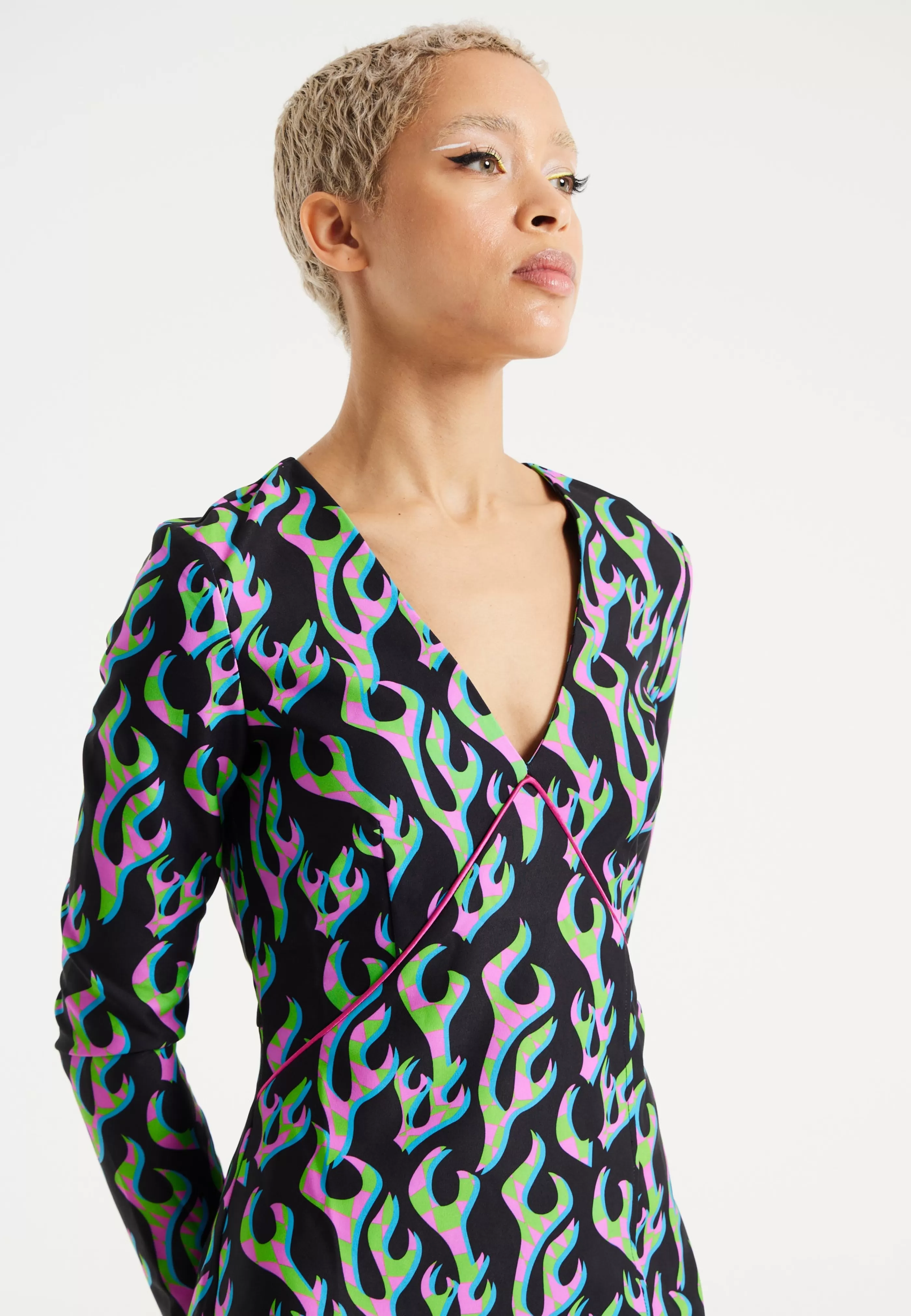 Flash Sale Neon Green And Pink Flame Print Long Sleeve Mini Dres Dresses | Dresses