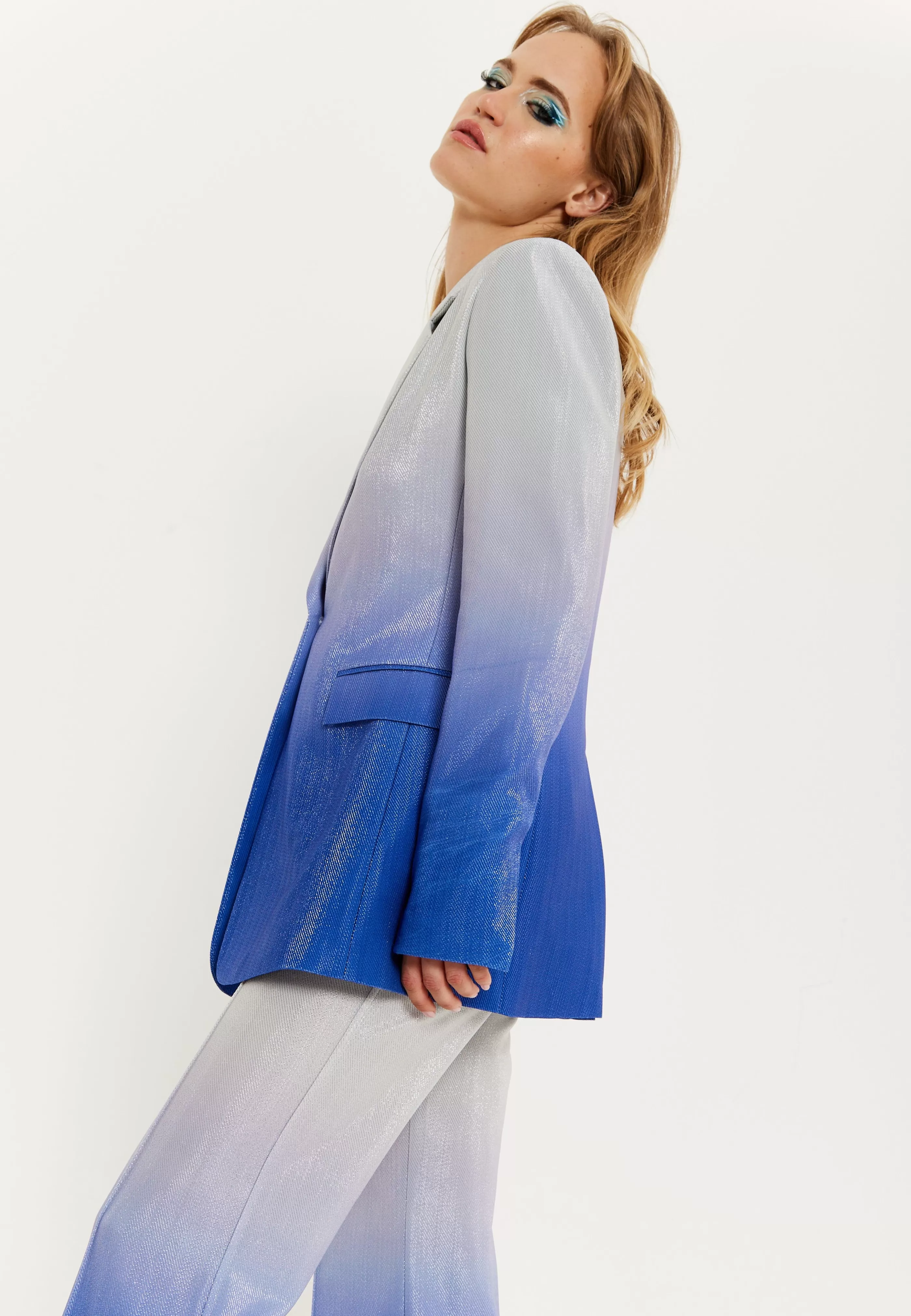 Hot Ombre Shimmer Blazer In Blue And Silver Suits