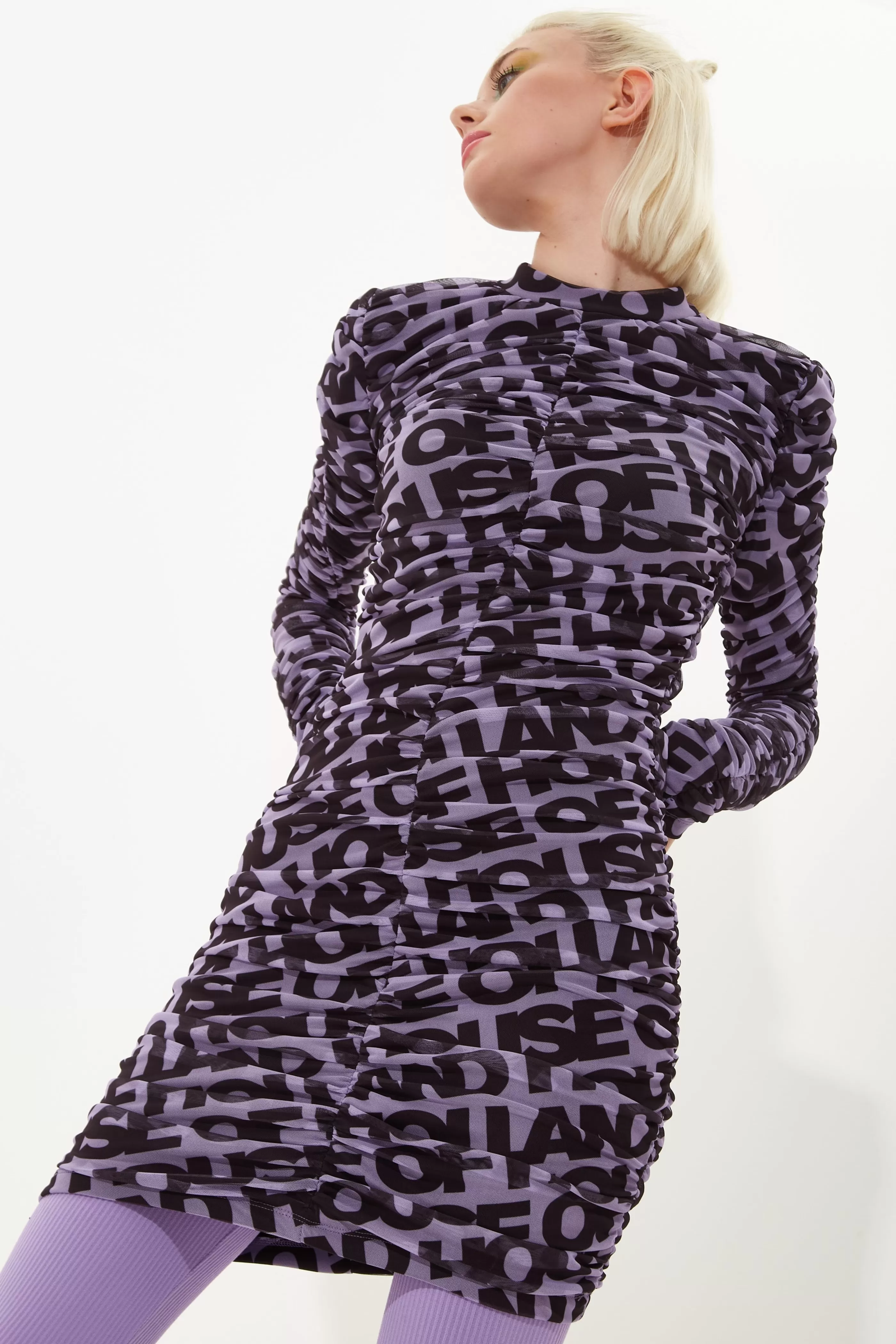 Flash Sale Rouched Mesh Long Sleeve Printed Mini Dress In Purple Dresses | Dresses