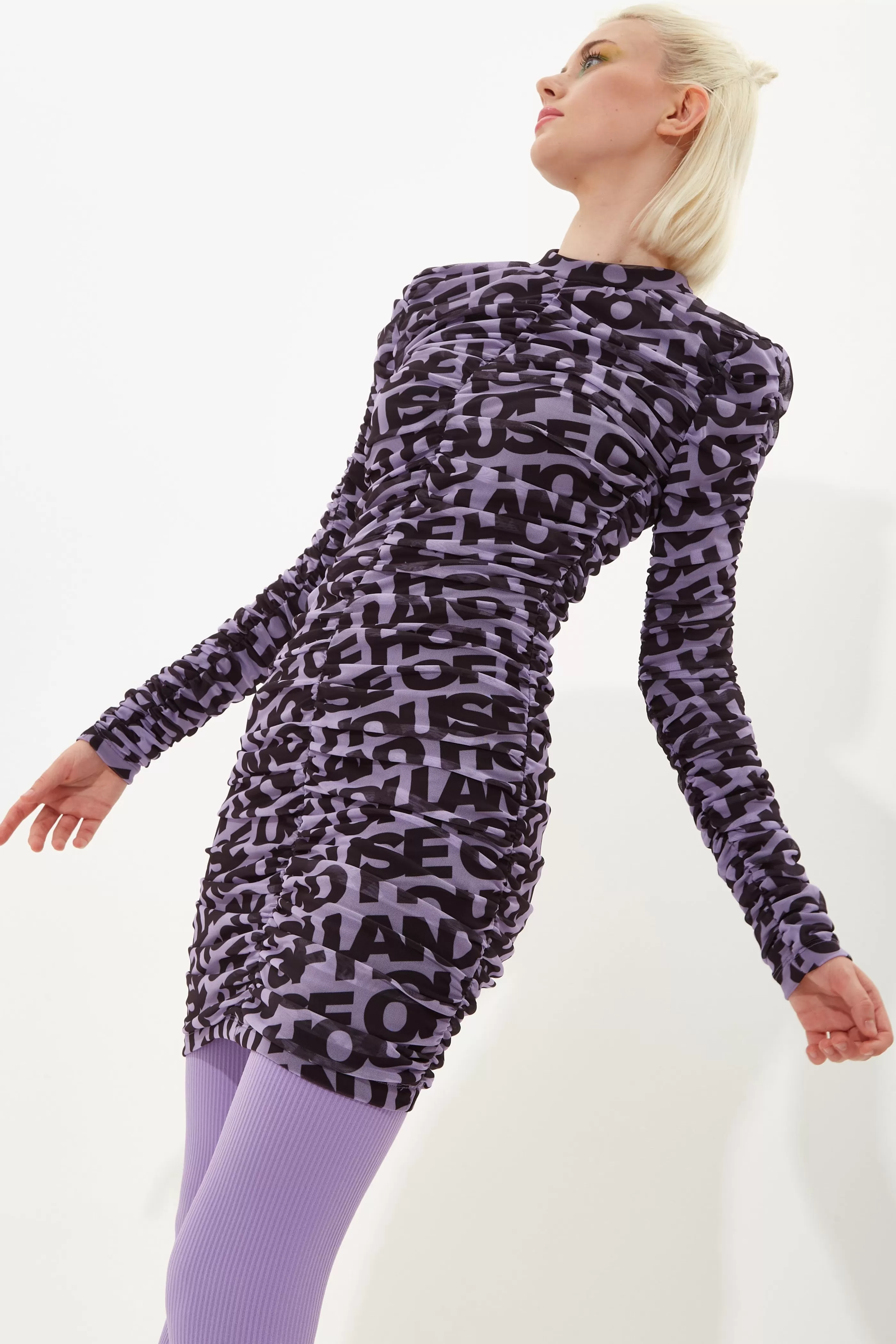Flash Sale Rouched Mesh Long Sleeve Printed Mini Dress In Purple Dresses | Dresses
