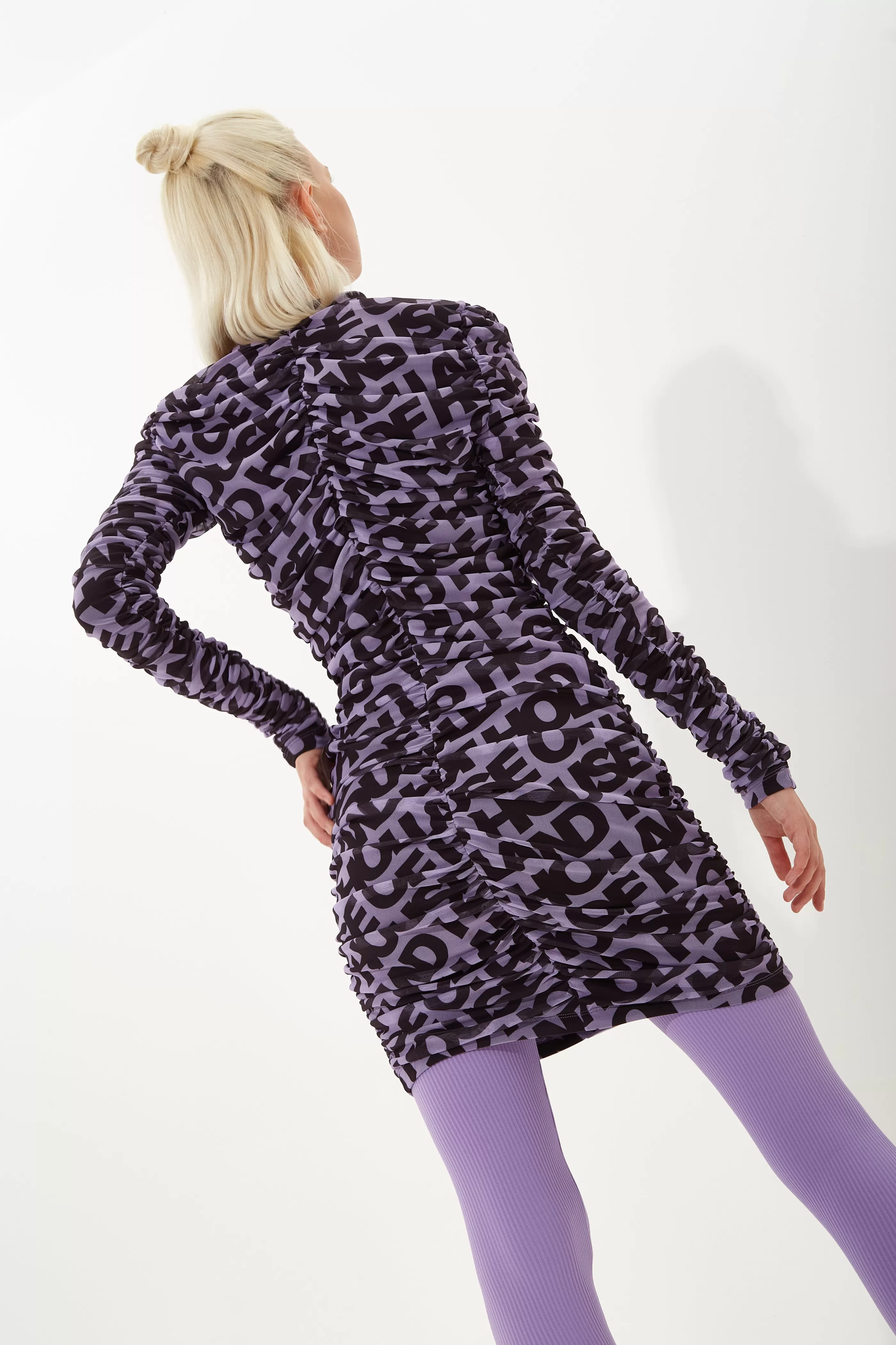 Flash Sale Rouched Mesh Long Sleeve Printed Mini Dress In Purple Dresses | Dresses