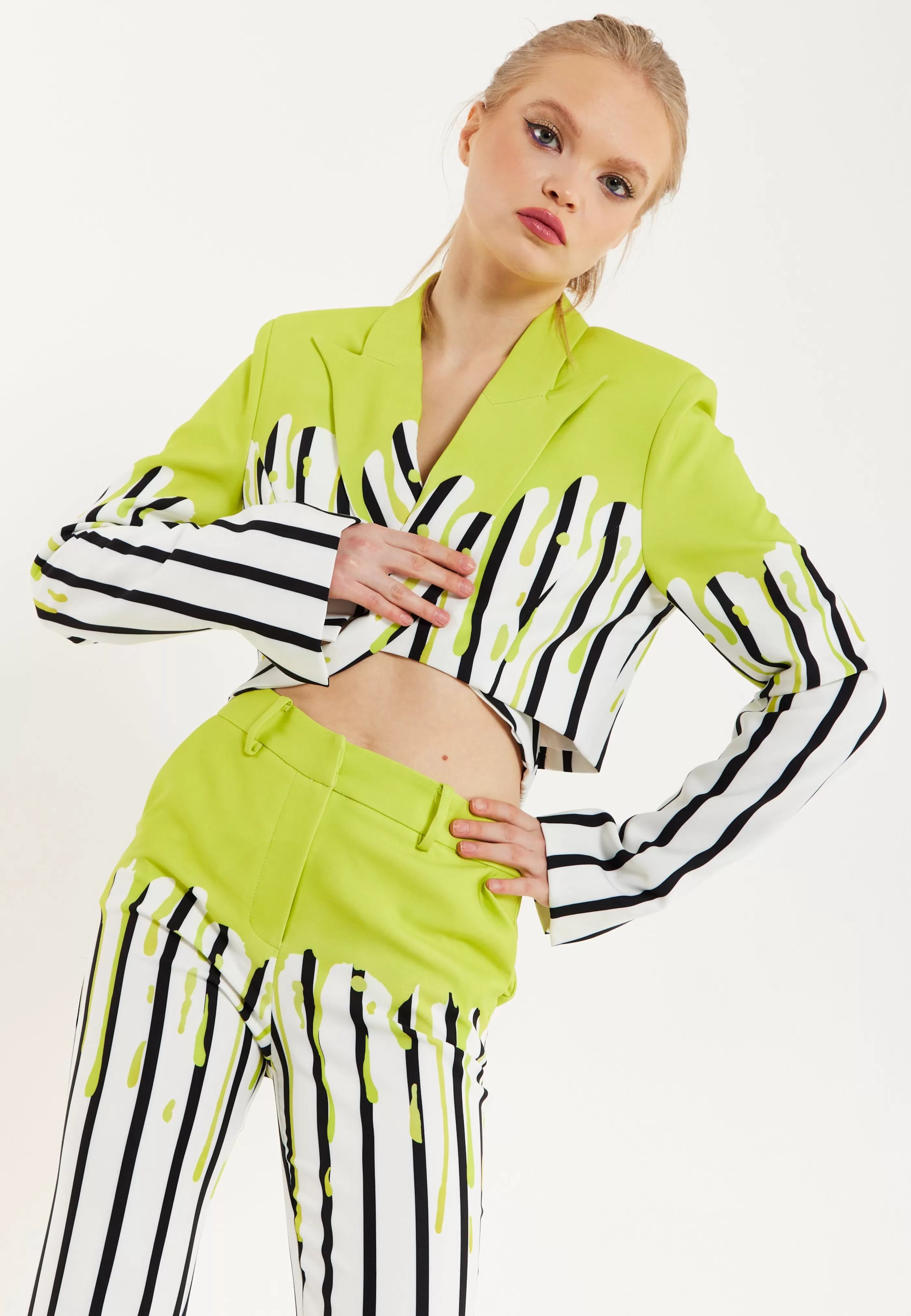 Hot Stripe Monochrome Acid Green Splash Crop Blazer With Suits