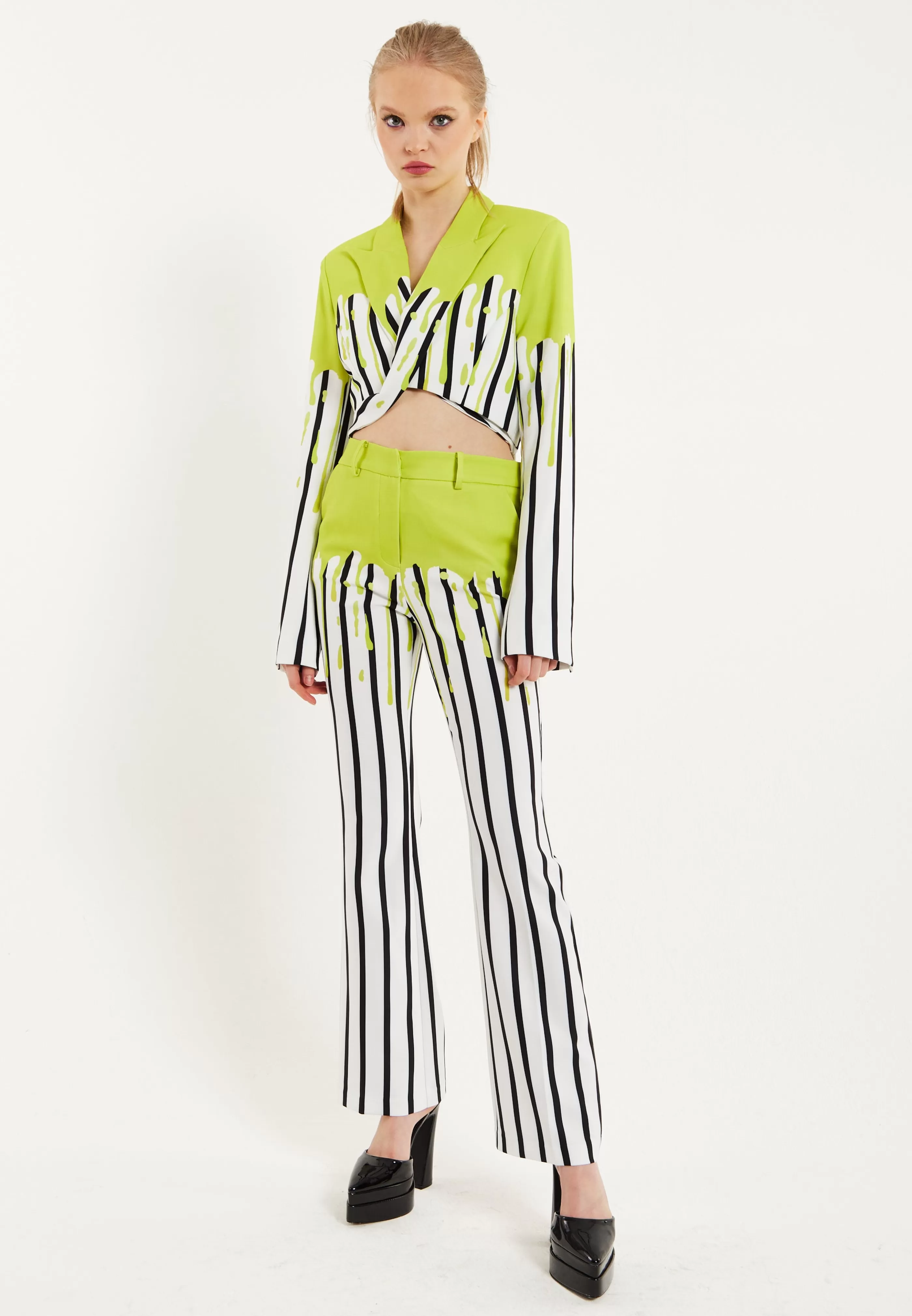 Hot Stripe Monochrome Acid Green Splash Crop Blazer With Suits