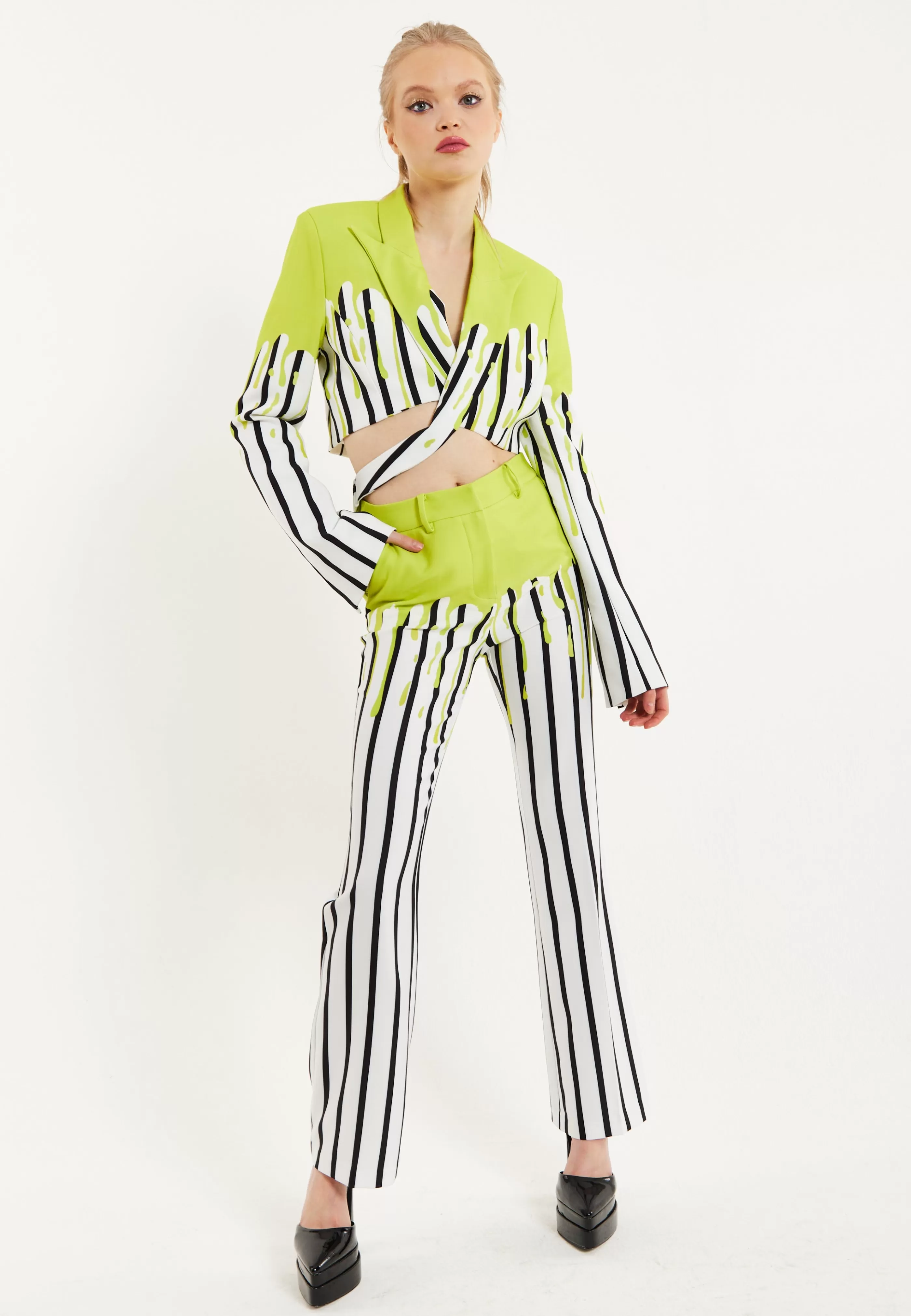 Hot Stripe Monochrome Acid Green Splash Crop Blazer With Suits