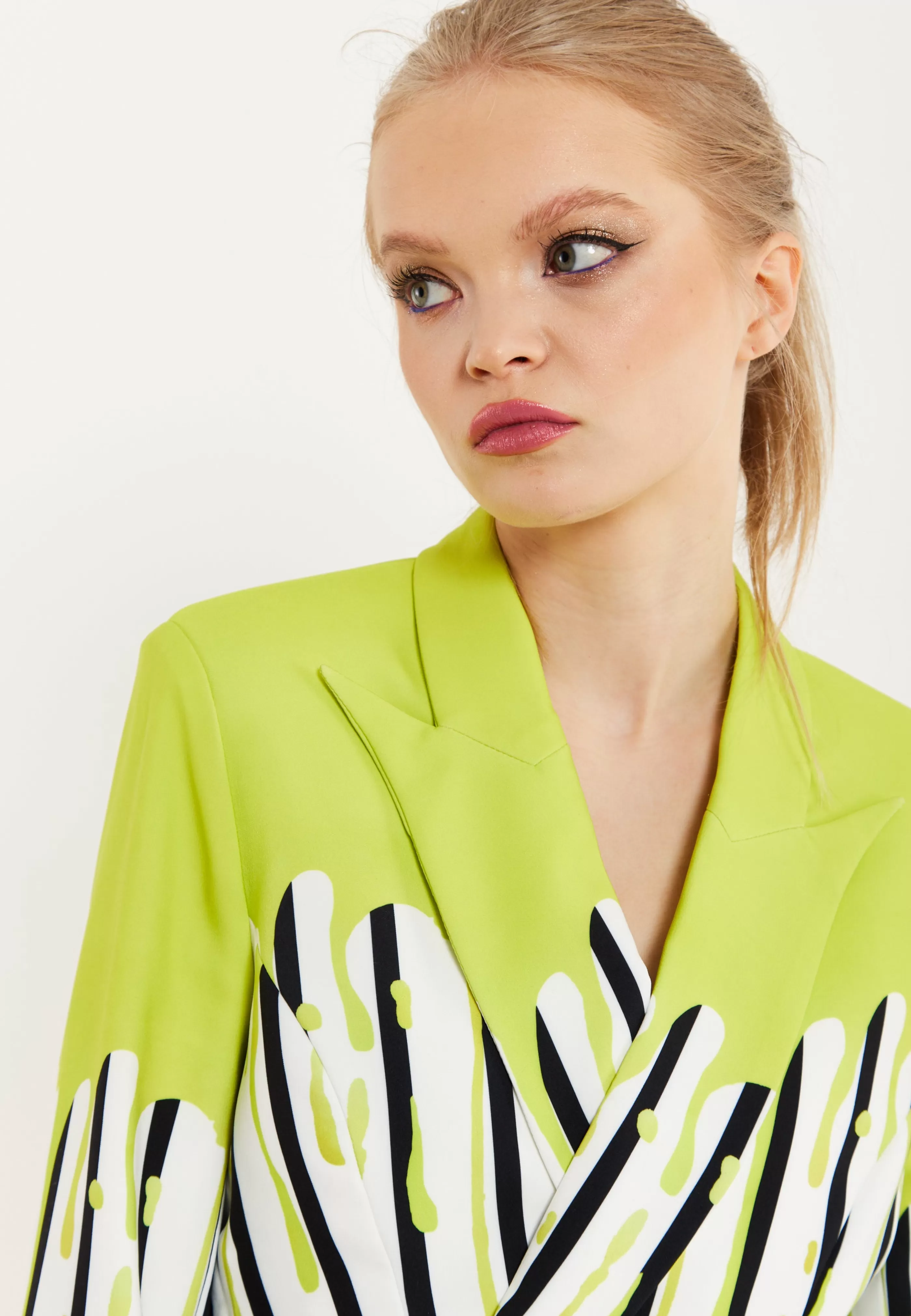 Hot Stripe Monochrome Acid Green Splash Crop Blazer With Suits