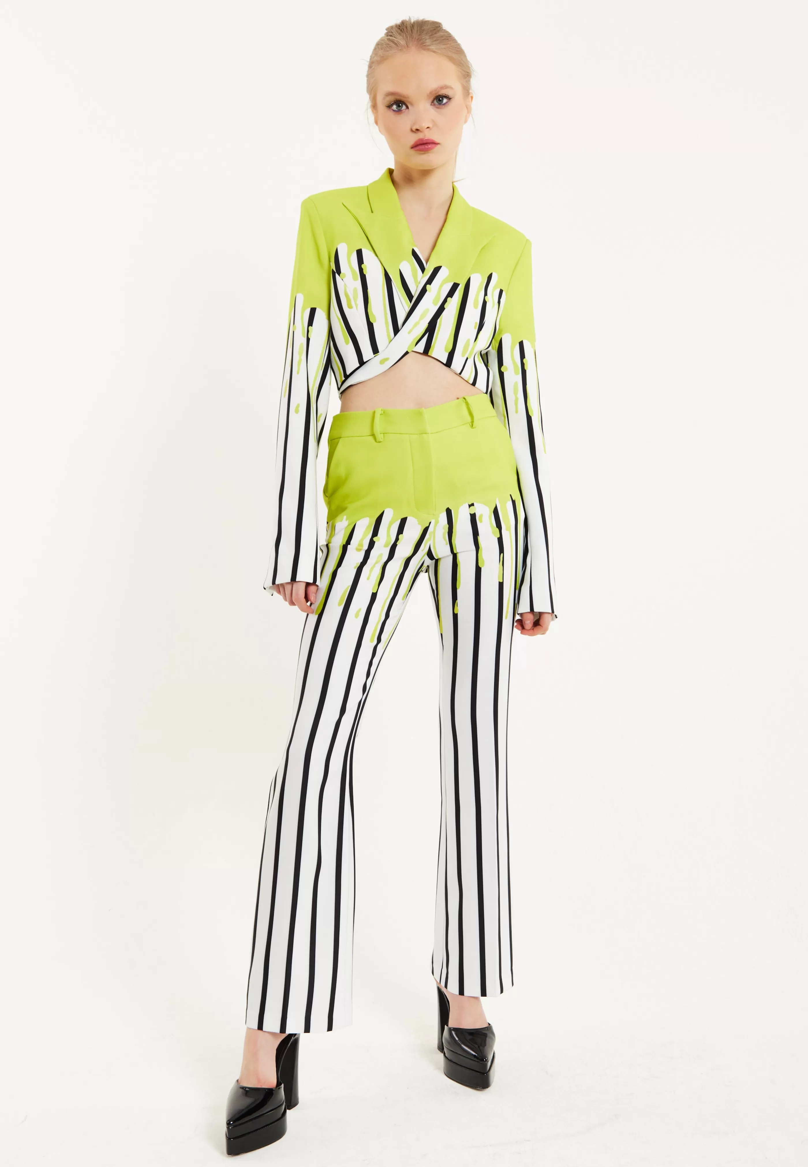 Hot Stripe Monochrome Acid Green Splash Crop Blazer With Suits