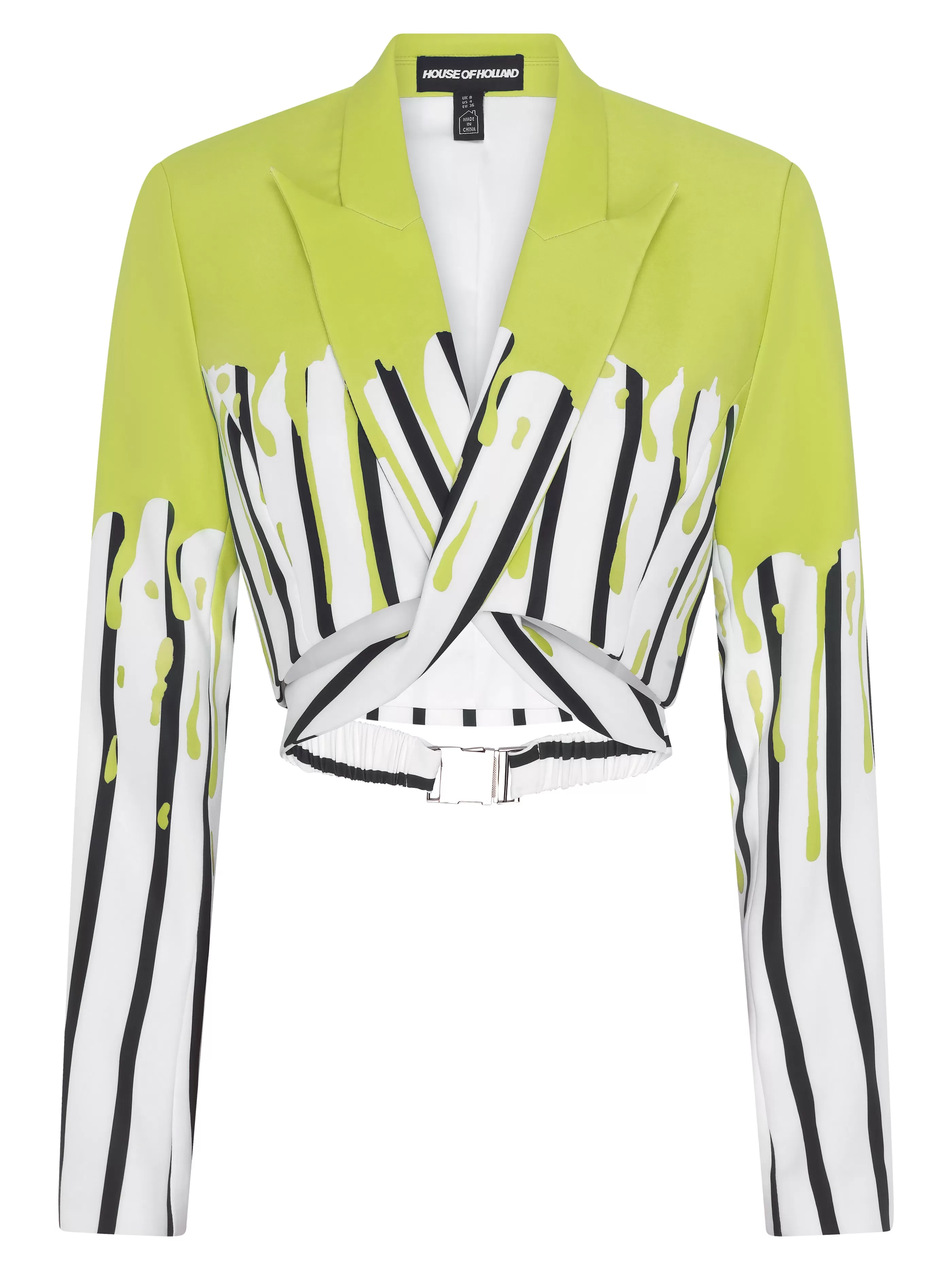 Hot Stripe Monochrome Acid Green Splash Crop Blazer With Suits