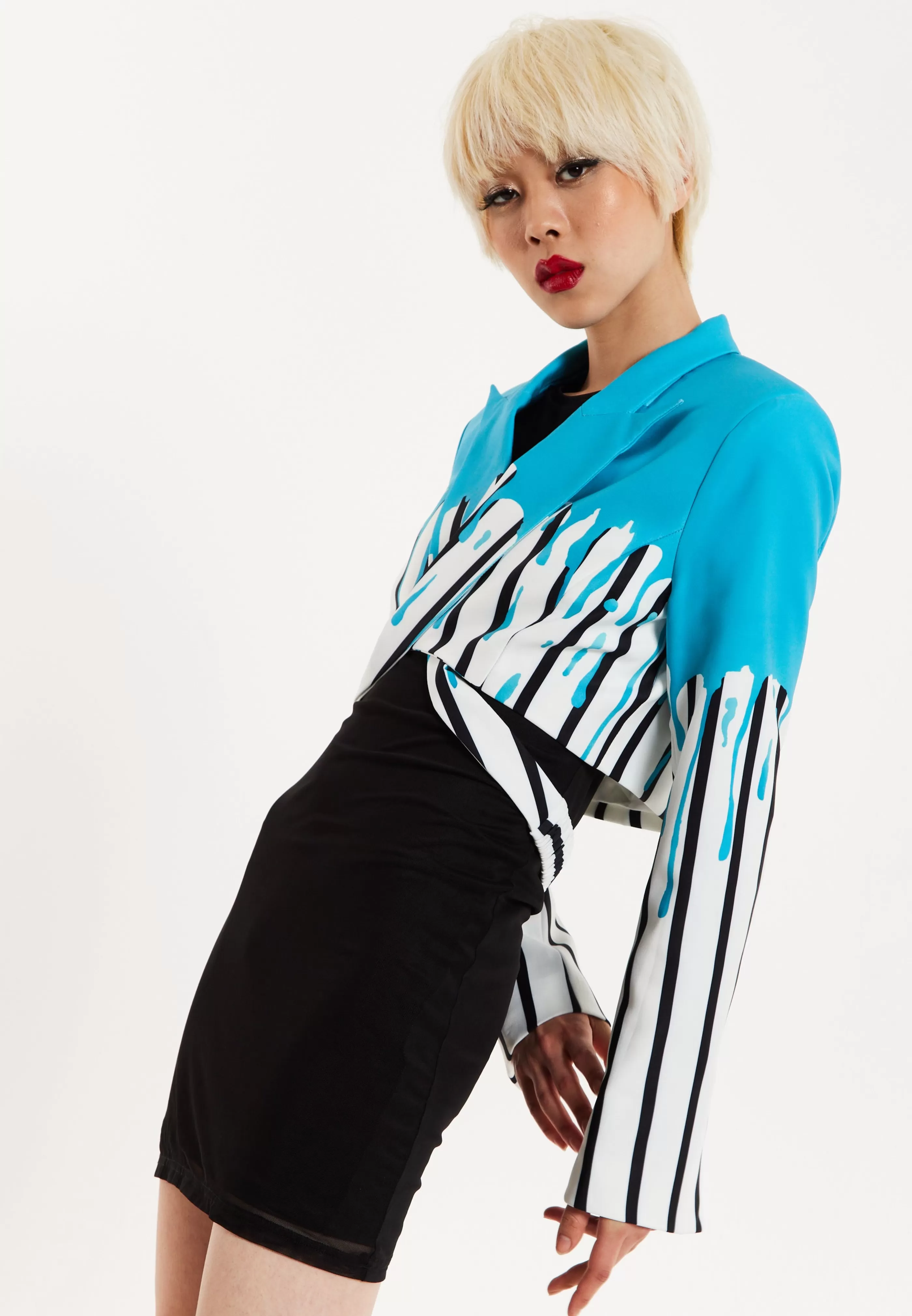 Store Stripe Monochrome Blue Splash Crop Blazer With Belt Suits
