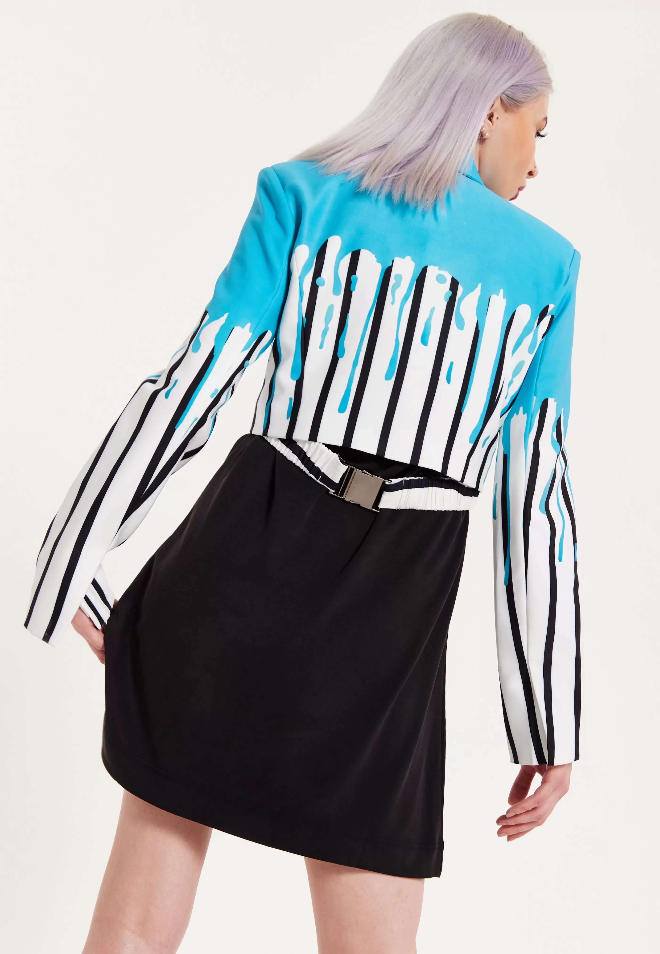 Store Stripe Monochrome Blue Splash Crop Blazer With Belt Suits