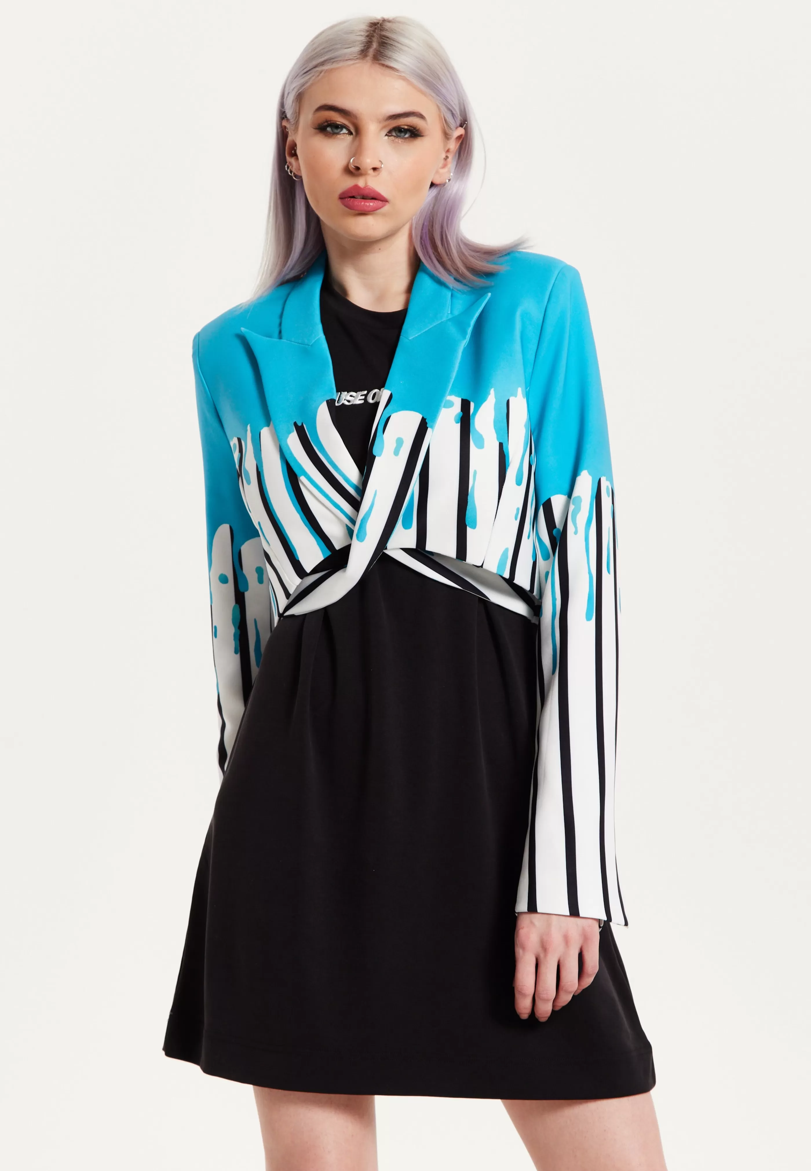Store Stripe Monochrome Blue Splash Crop Blazer With Belt Suits