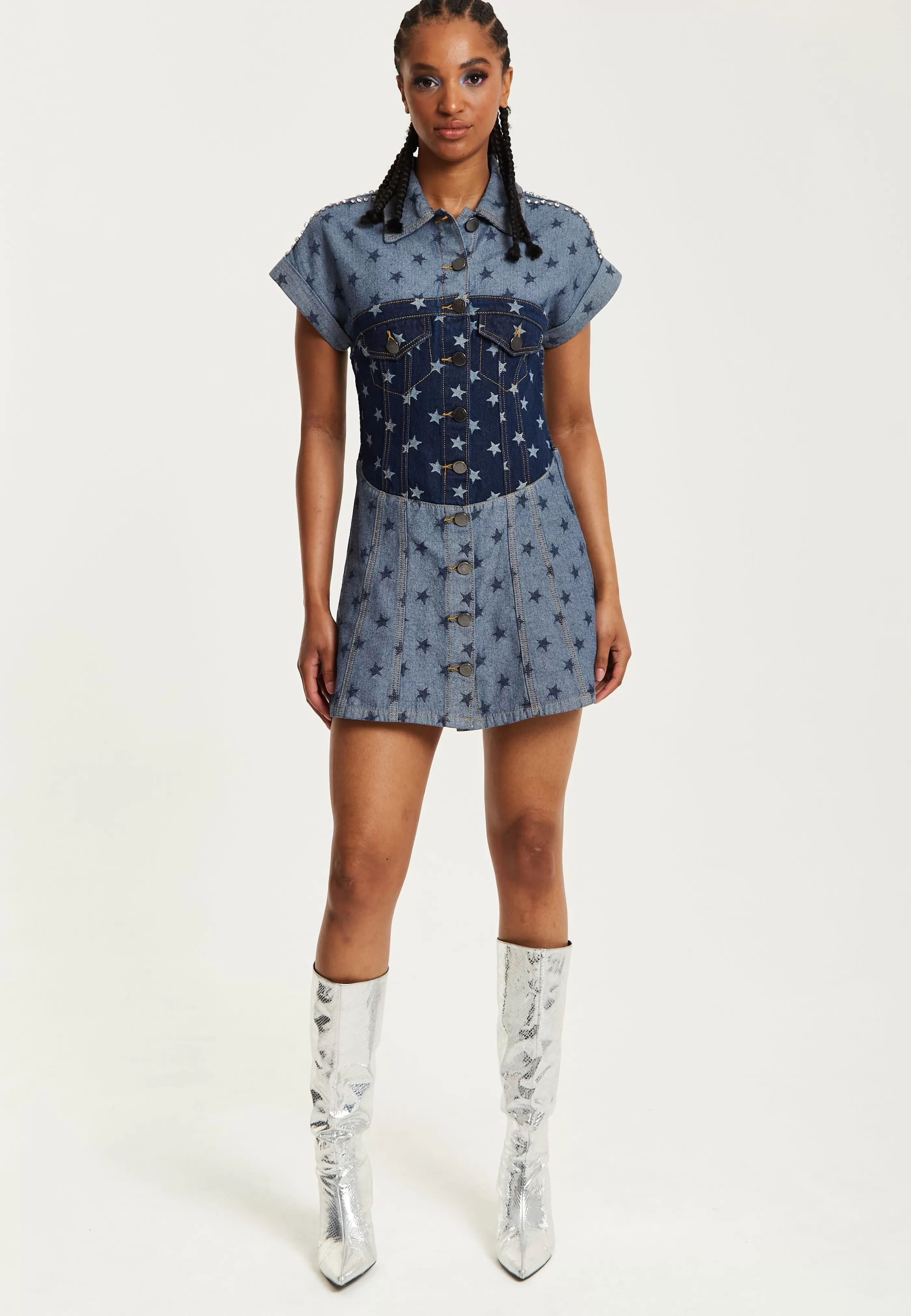 Store Two Tone Denim Star Print Short Sleeve Skater Dress Dresses | Dresses